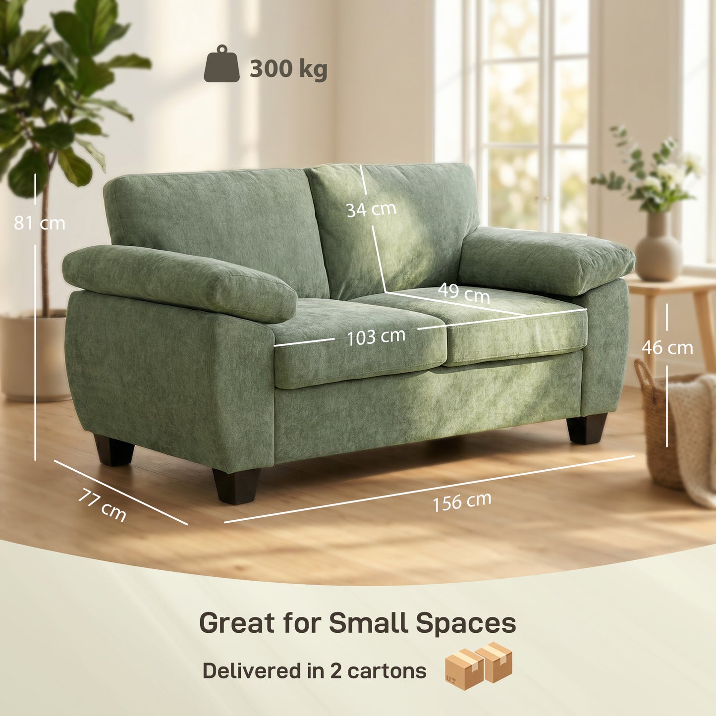 HOMCOM 2 Seater Sofa 156cm Chenille Loveseat Dark Green With Thick Cushioned Seat And Soft Upholstery