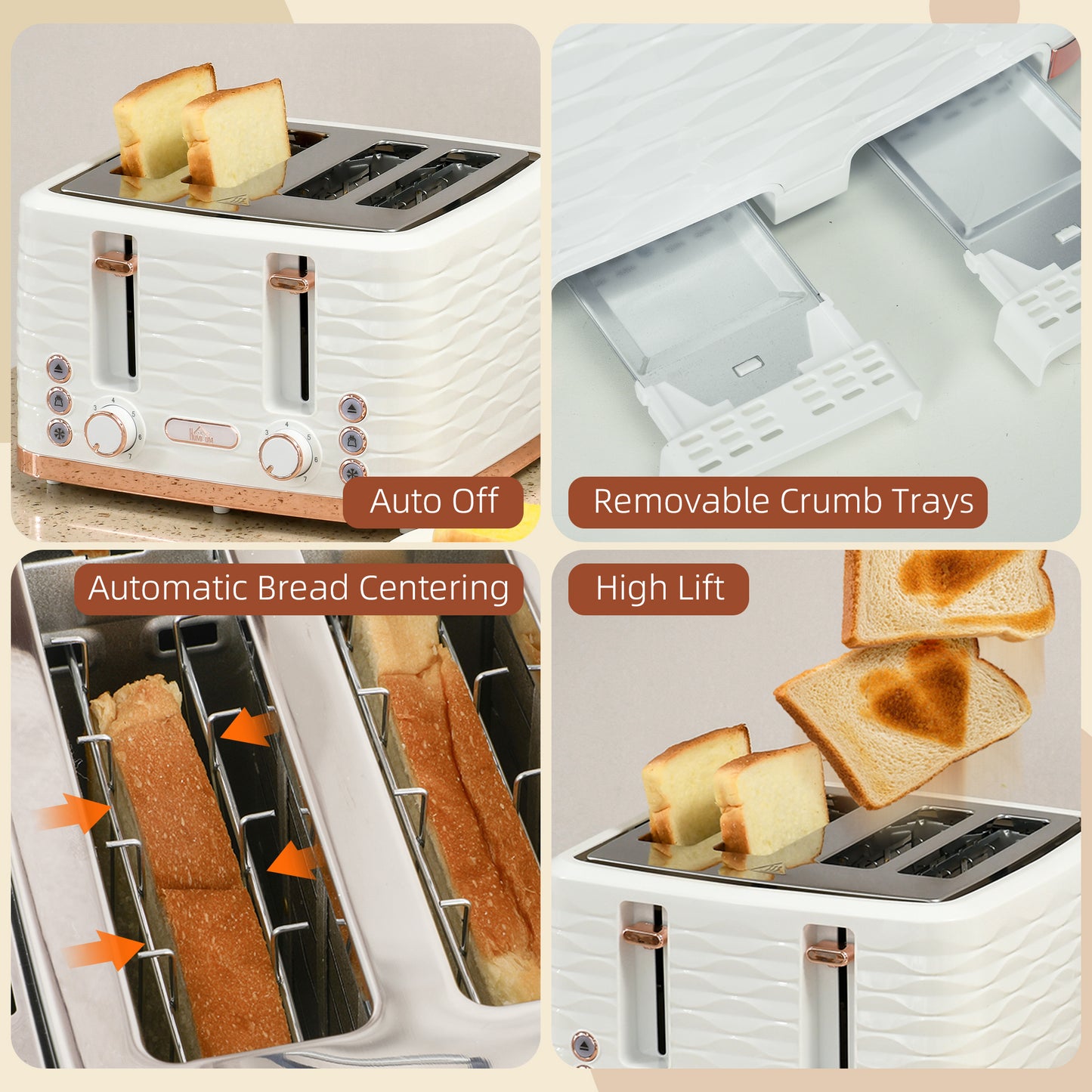 HOMCOM Four Slice Rippled Toaster With Automatic Centering And Seven Toast Levels White