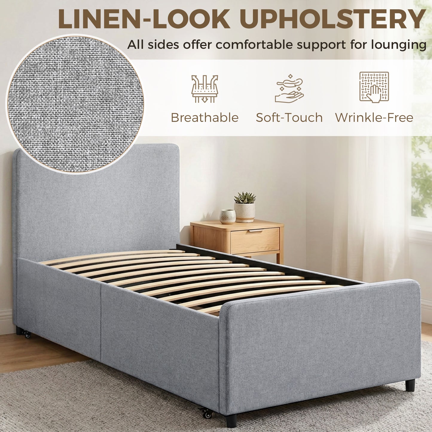 HOMCOM 3ft Single Bed Frame with Trundle Upholstered Pull Out Trundle Bed with Headboard And Footboard Light Grey