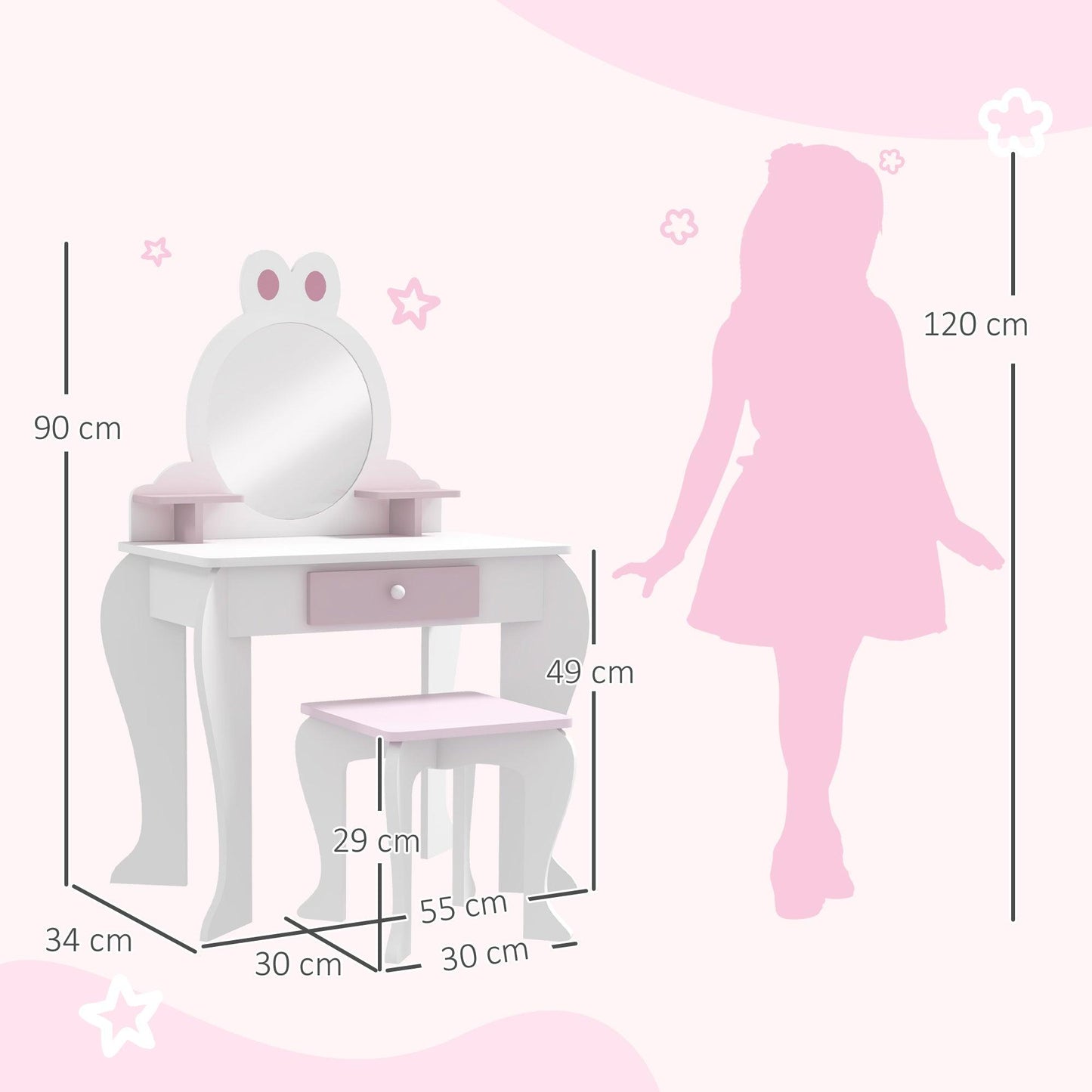 ZONEKIZ Bunny-Design Kids Dressing Table, with Mirror and Stool - White and Pink - ALL4U RETAILER LTD