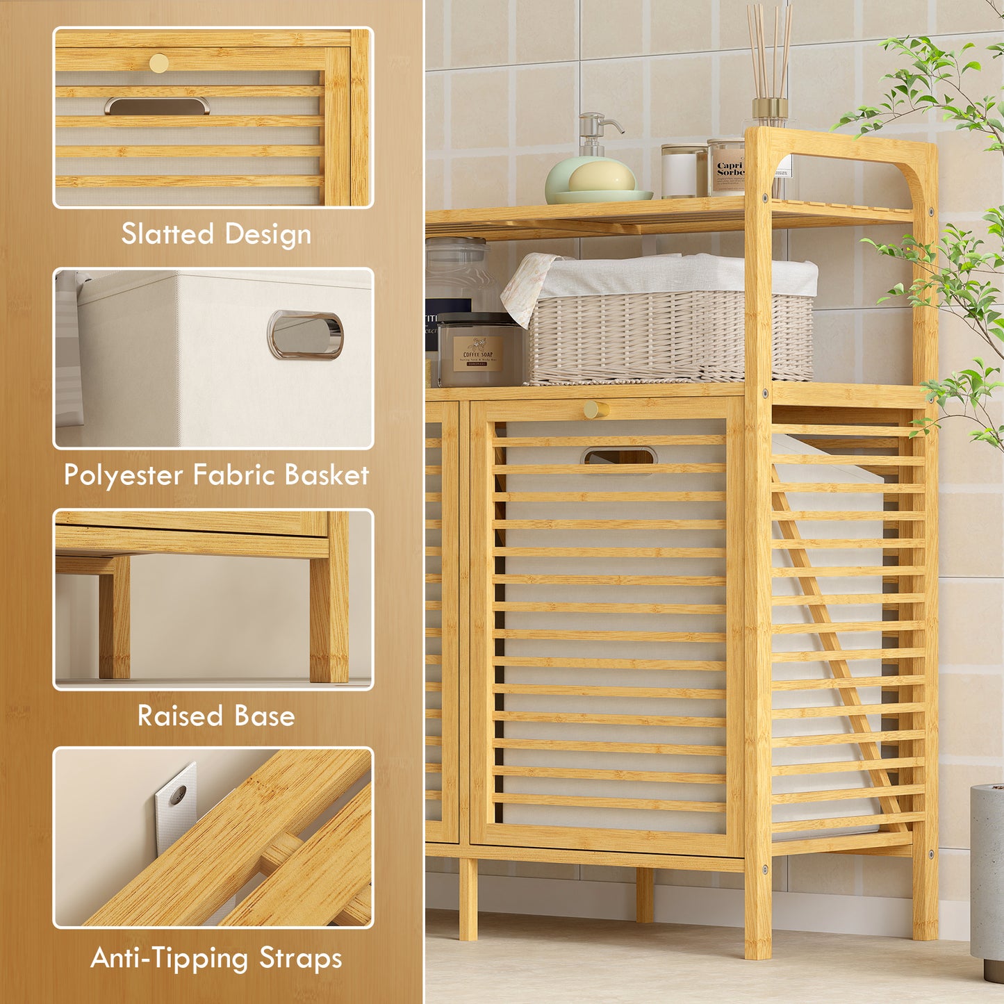 HOMCOM Double Tilt Out Bamboo Laundry Cabinet Freestanding Bathroom Storage With 2 Removable Baskets Natural Finish