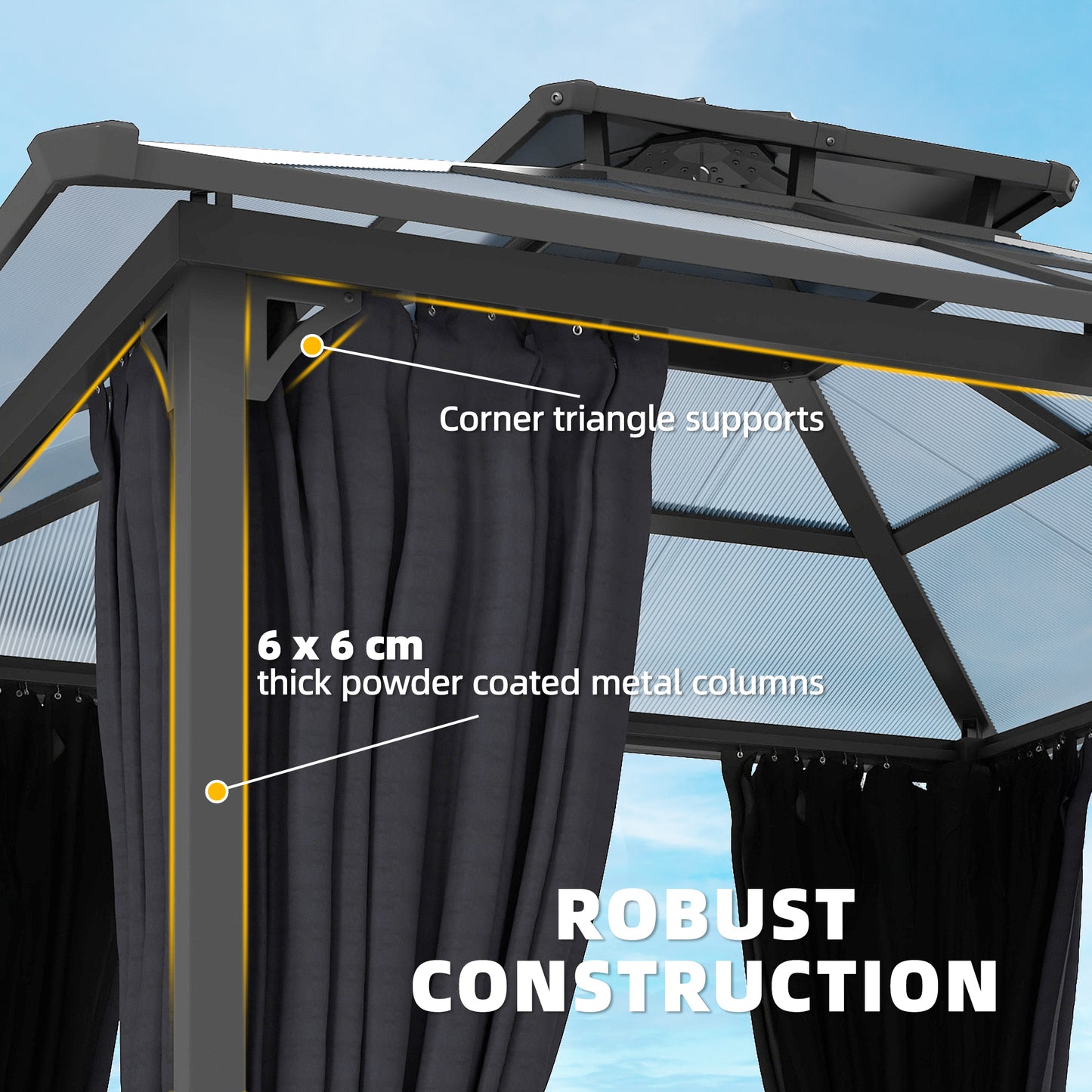 Outsunny 2.5m By 2.5m Hardtop Gazebo With Double Polycarbonate Roof And Drainage System Permanent Pavilion Dark Grey