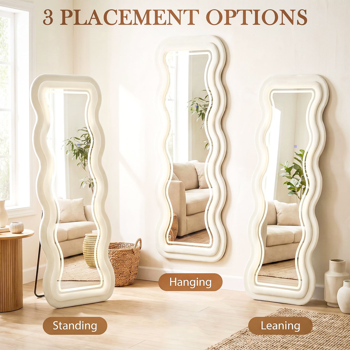 HOMCOM Full Length Mirror With Wavy Velvet Frame Led Light Strip Cream White