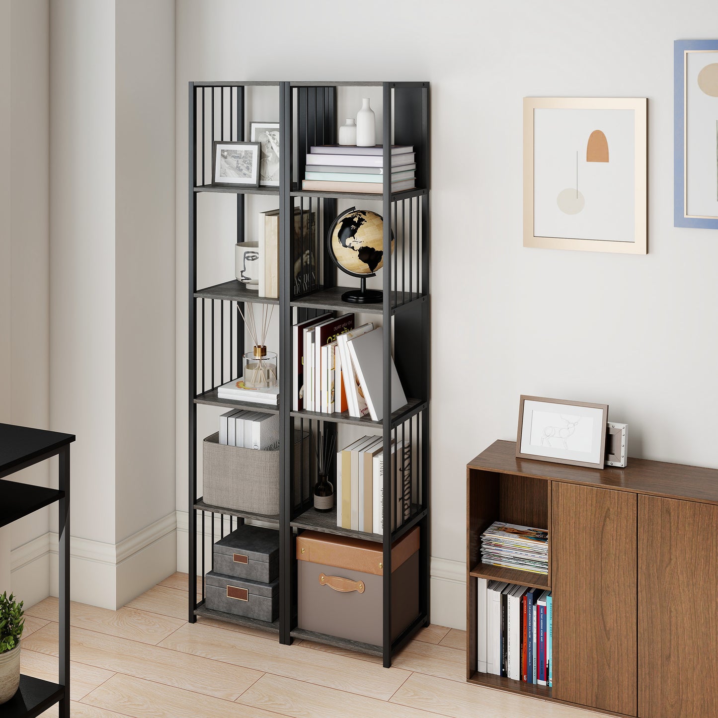 Homcom 5 Tier Bookshelf With Steel Frame Grey Wood Effect MDF Black Steel Anti Tip Straps Holds 60 Kg