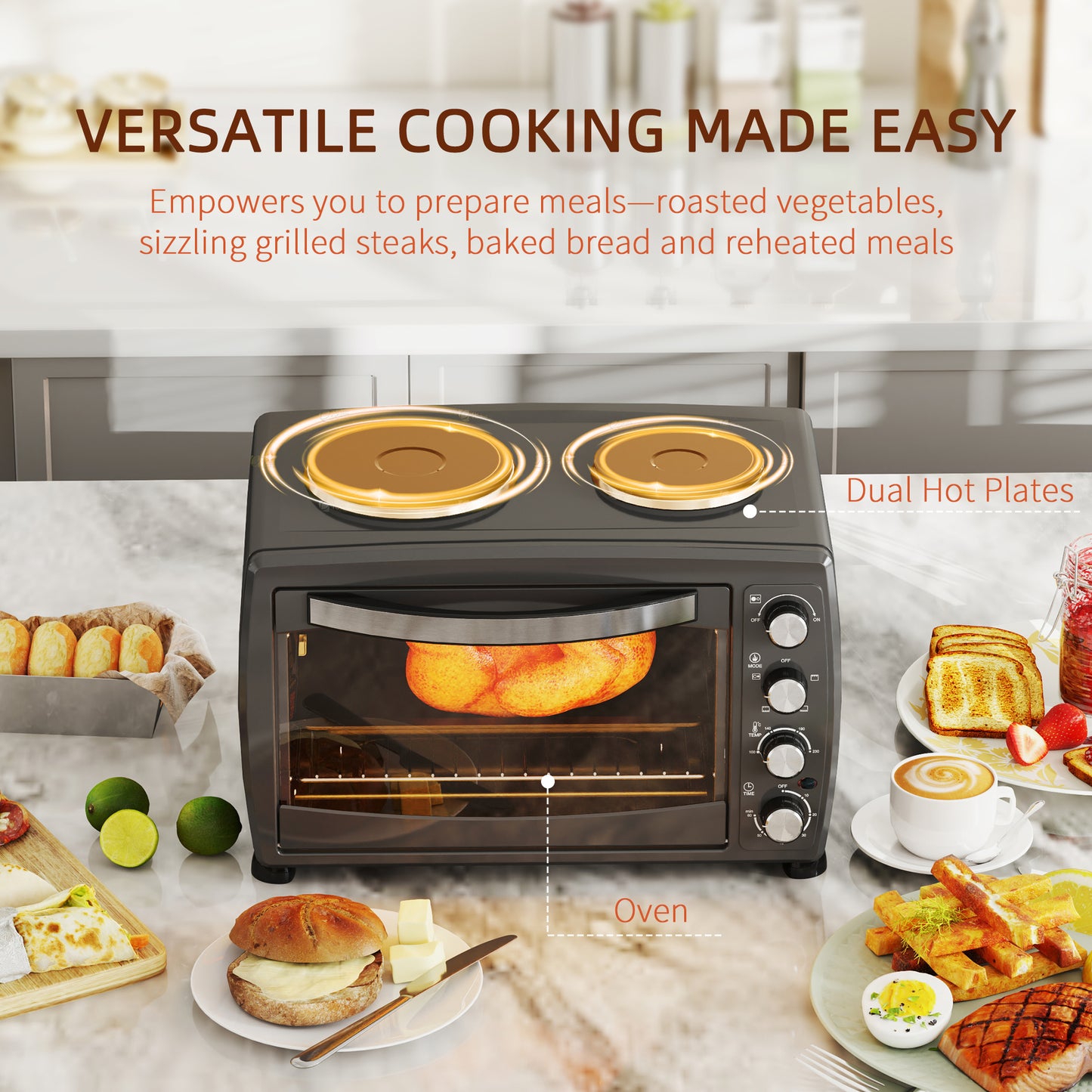 HOMCOM 36L Compact Oven With Dual Hot Plates, Countertop Toaster Oven For Grill, Bake, Roast, Boil, 2600W Black