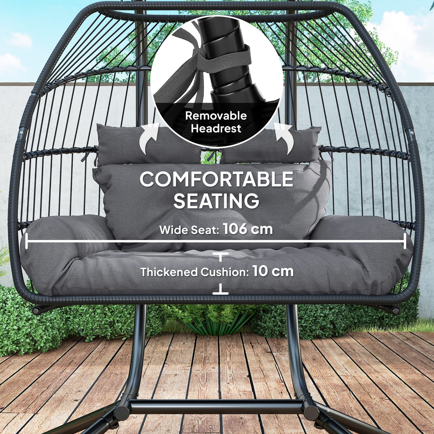 Outsunny Rattan Double Hanging Egg Chair With Stand Foldable Wicker Swing Cushion Pillows For Indoor Outdoor Dark Grey