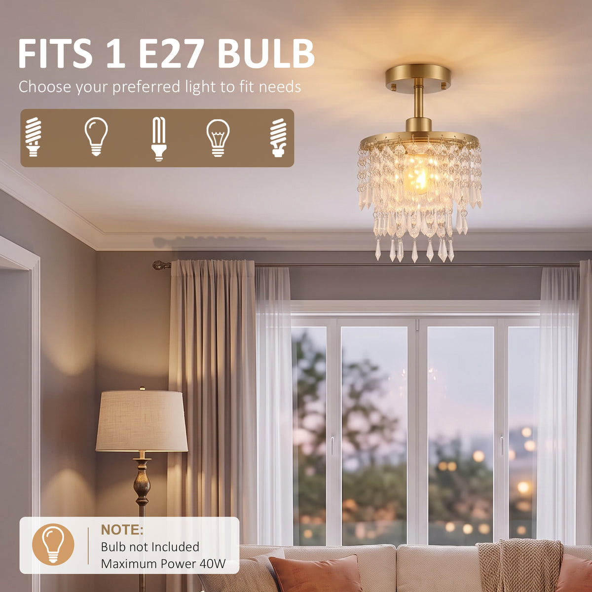 HOMCOM Crystal Ceiling Light With 57 Crystal Strands For Small Rooms