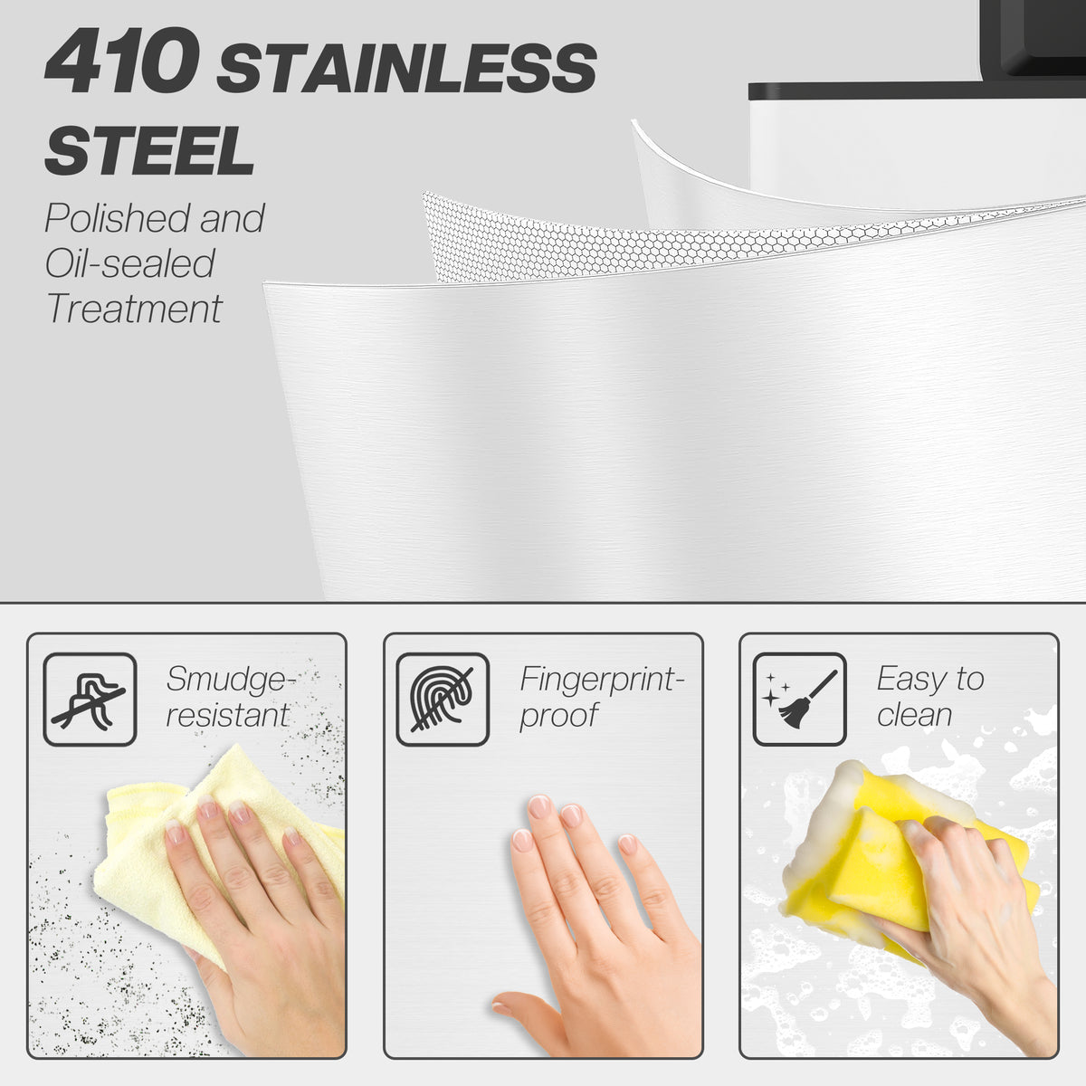 Brushed stainless steel pedal bin body with smooth front panel and black lid edge