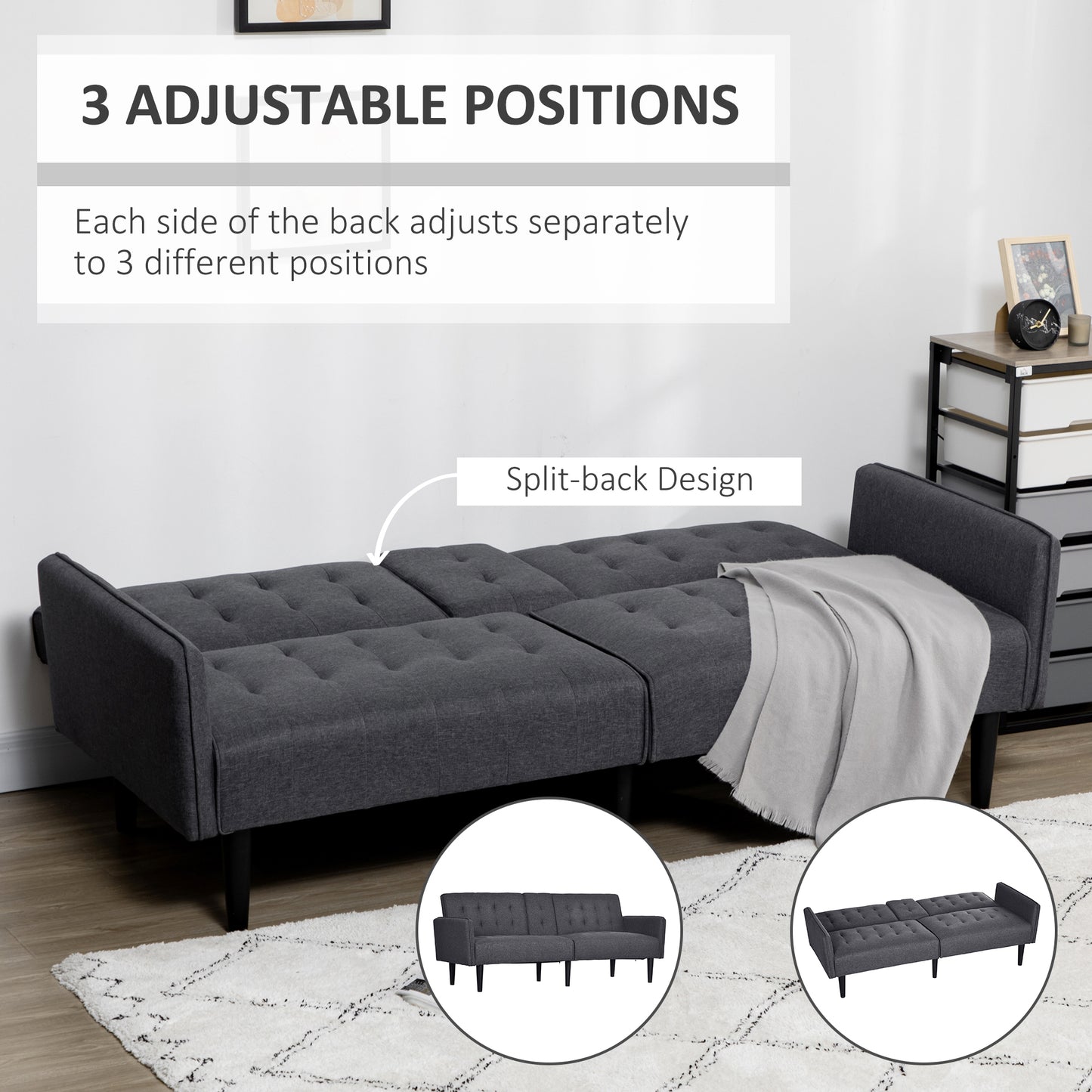 Homcom Three Seater Sofa Bed With Cupholders Grey Space Saving Convertible Couch For Small Apartments And Guests