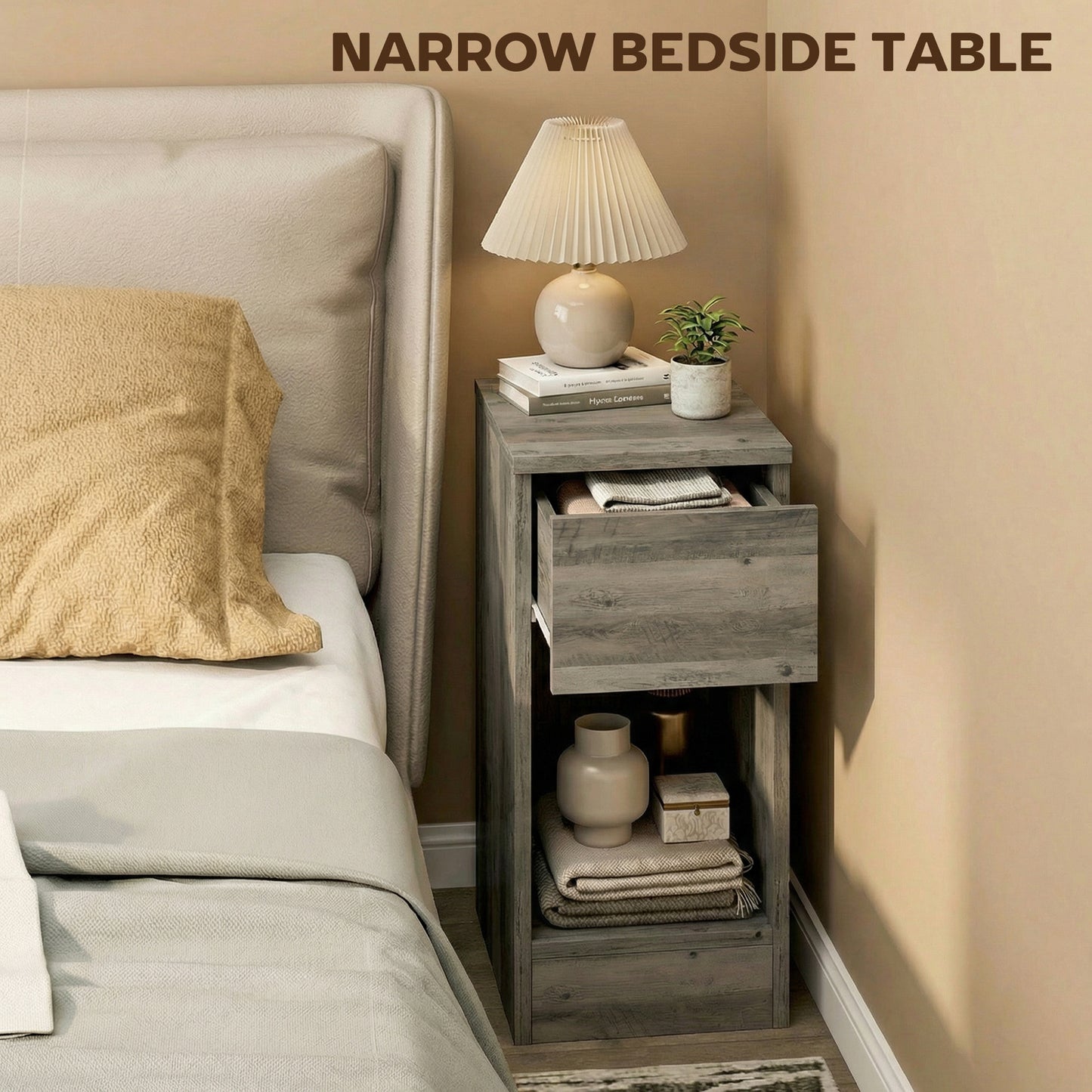 HOMCOM Set of Two Modern Storage Bedside Tables Grey With Wood Effect Tops Slim Design And Versatile Nightstands