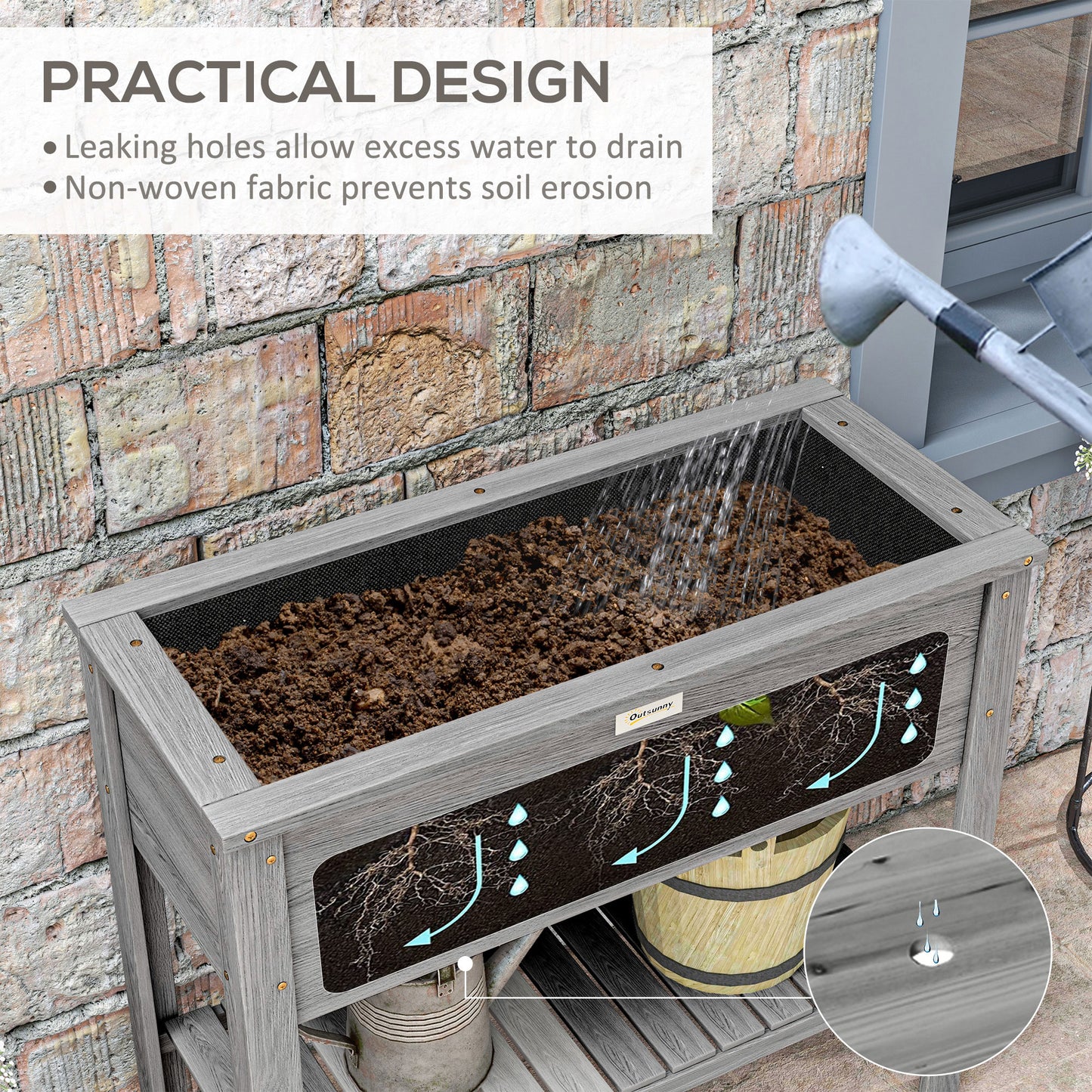 Outsunny Wooden Raised Garden Bed With Storage Shelf And Drainage Holes Elevated Planter Box On Legs Grey