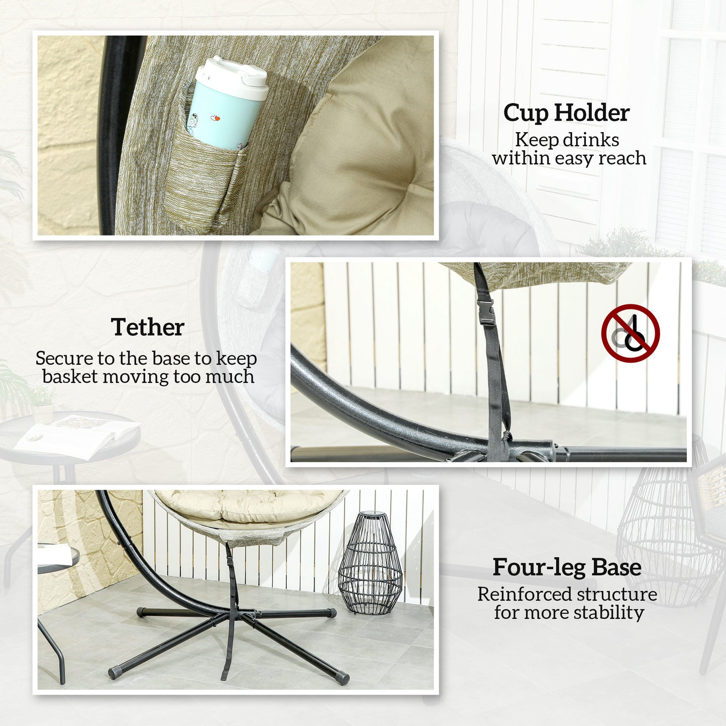 Outsunny Hanging Egg Chair Garden Swing With Folding Basket Thick 13cm Cushion Cup Holder Patio Khaki
