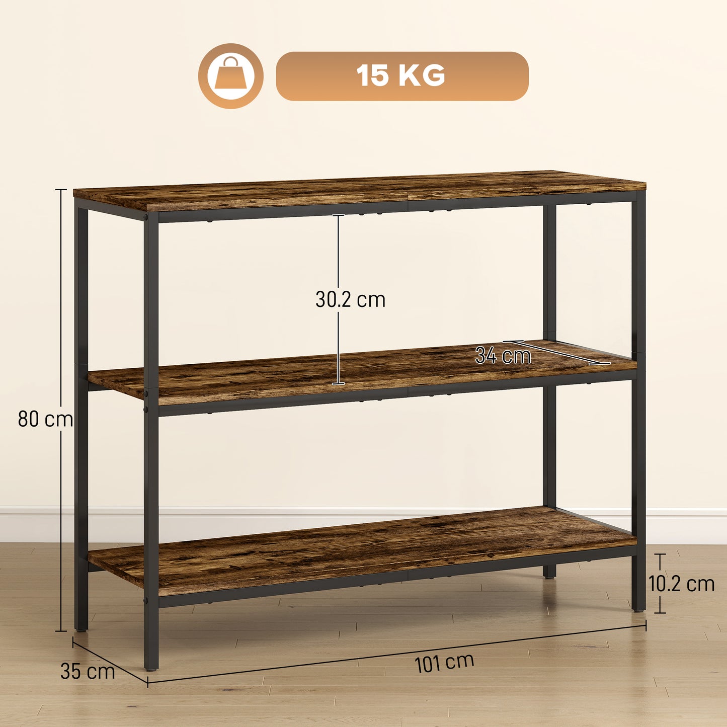 HOMCOM Rustic Brown 3 Tier Console Table With Storage Shelves For Entryway Industrial Black Frame