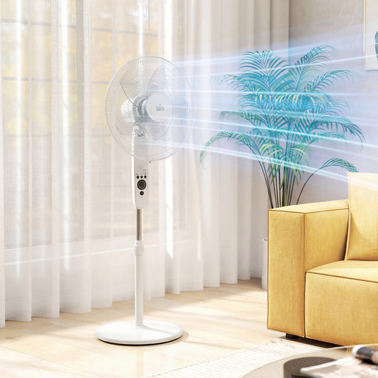 HOMCOM 18 Inch Pedestal Fan Sleep Mode Remote Control Oscillating Standing Fan 3 Speeds Adjustable Height White