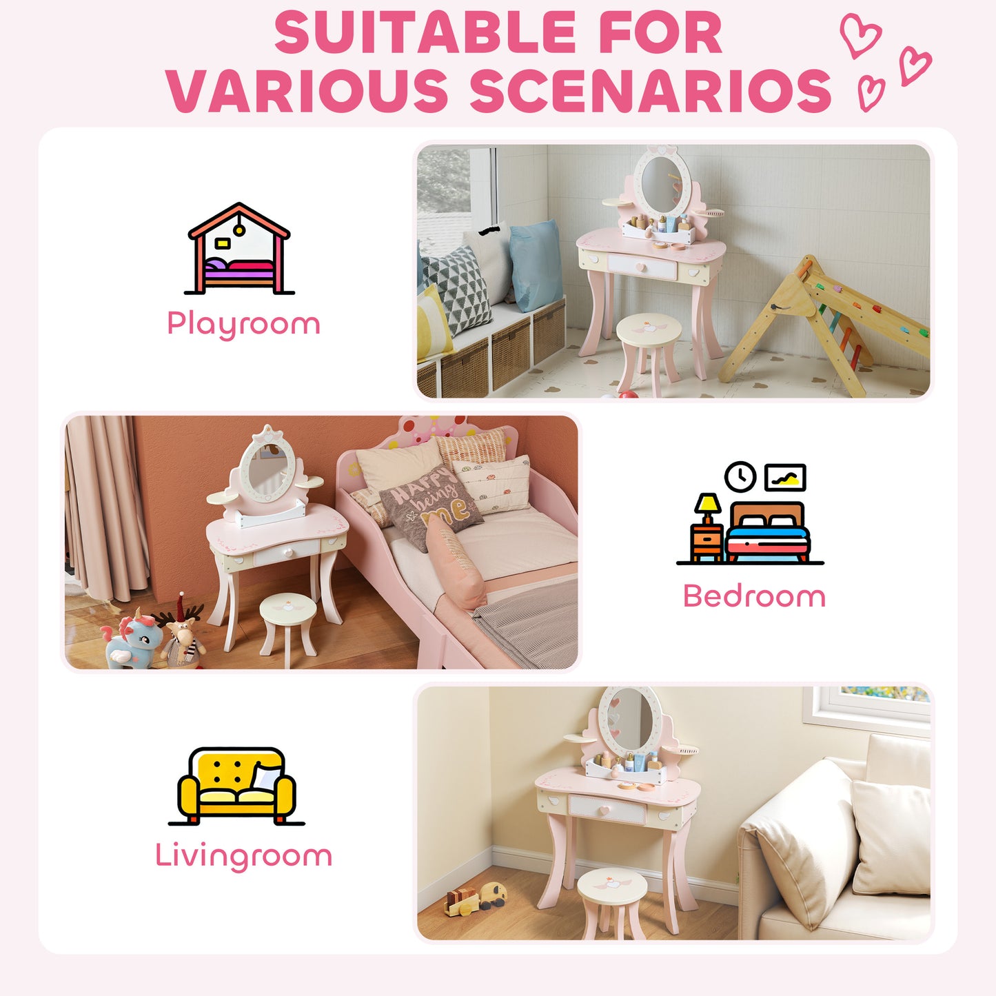 AIYAPLAY Kids Dressing Table Vanity Set With Mirror And Stool Pink Girls Desk With 7 Accessories And Storage