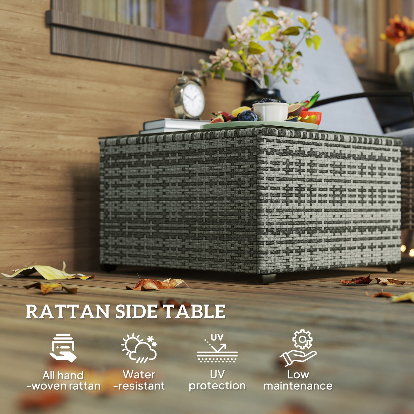 Outsunny 62 By 62 Centimeter Glass Top Rattan Garden Side Table Light Grey With Tempered Top