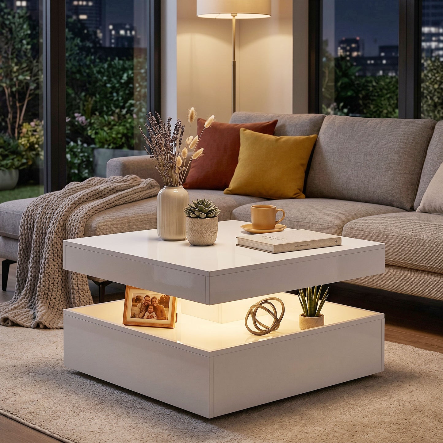 HOMCOM LED Coffee Table With Storage And RGB Lighting, 2-Tier Modern Centre Table With Open Shelf, Remote