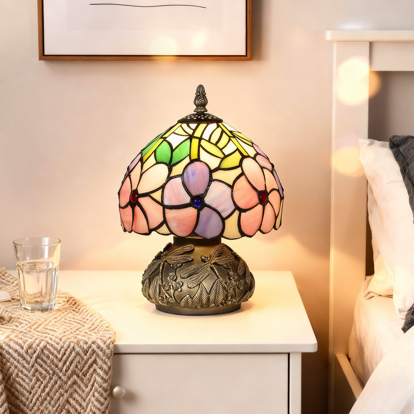 HOMCOM Tiffany Style Table Lamp With Dragonfly Base Stained Glass Pink For Living Room And Bedroom E27 Socket