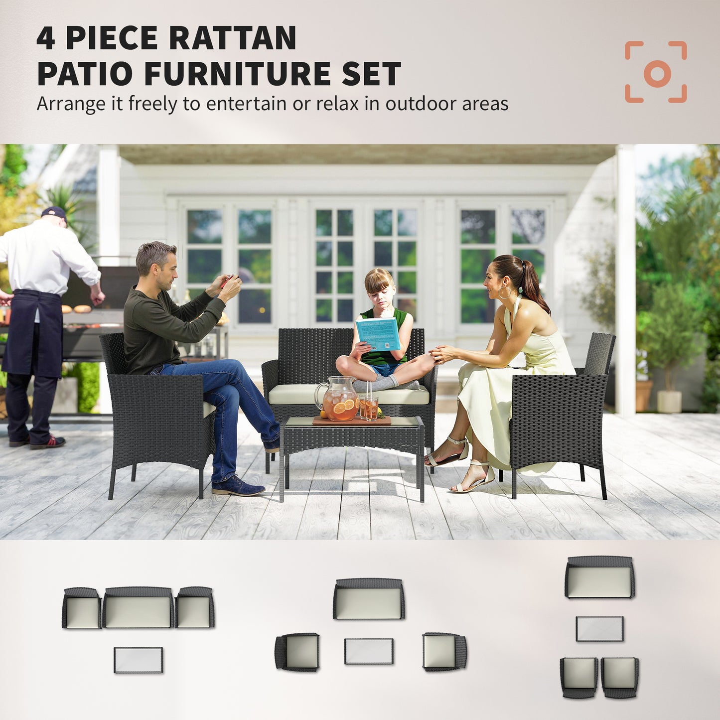 Outsunny 4 Piece Rattan Garden Furniture Set With Loveseat Armchairs Glass Top Coffee Table Cushions Cream White