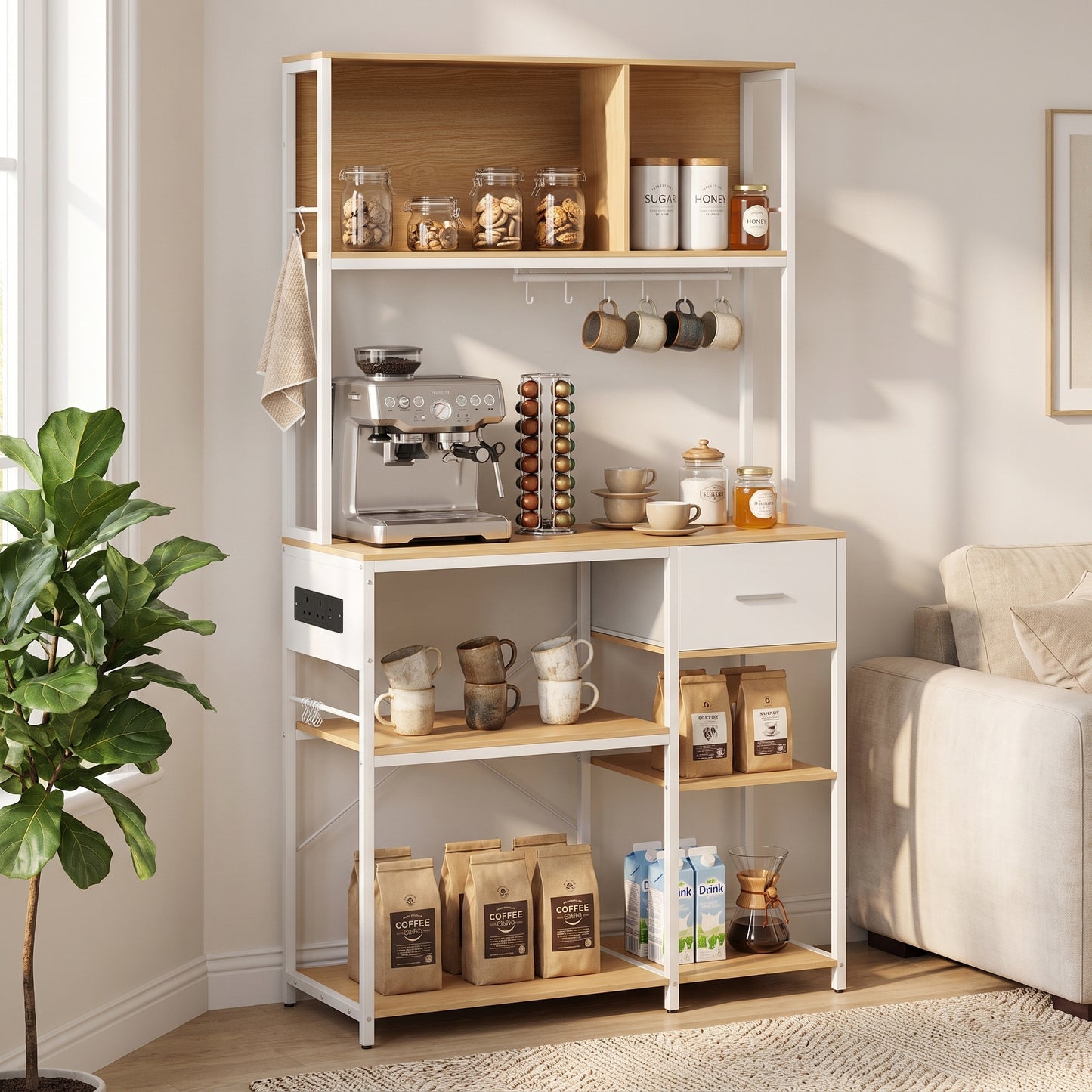 Homcom Kitchen Storage Rack With USB Outlet Drawer Oak White