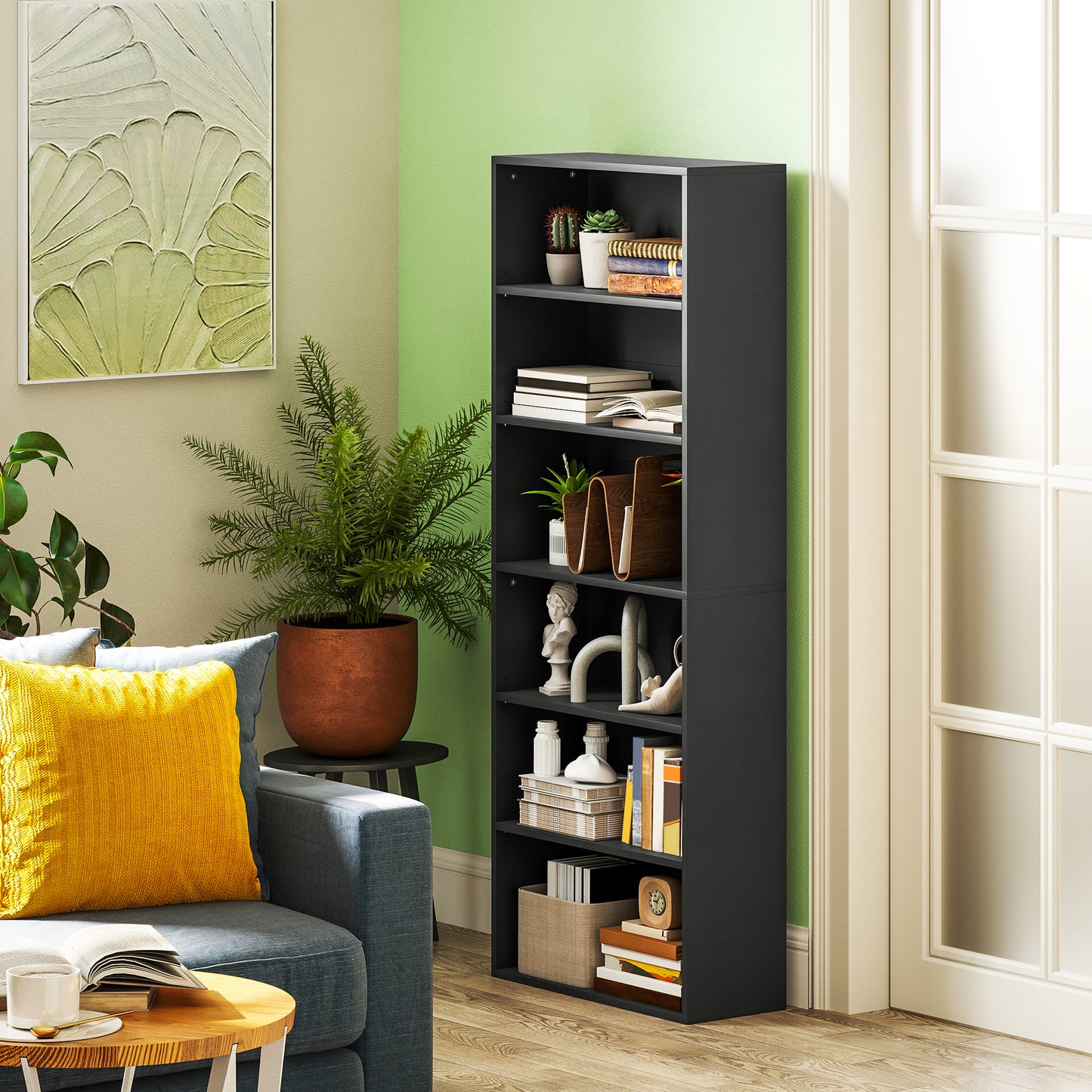 HOMCOM Six Shelf Bookcase Black With Four Adjustable Shelves And Six Open Compartments