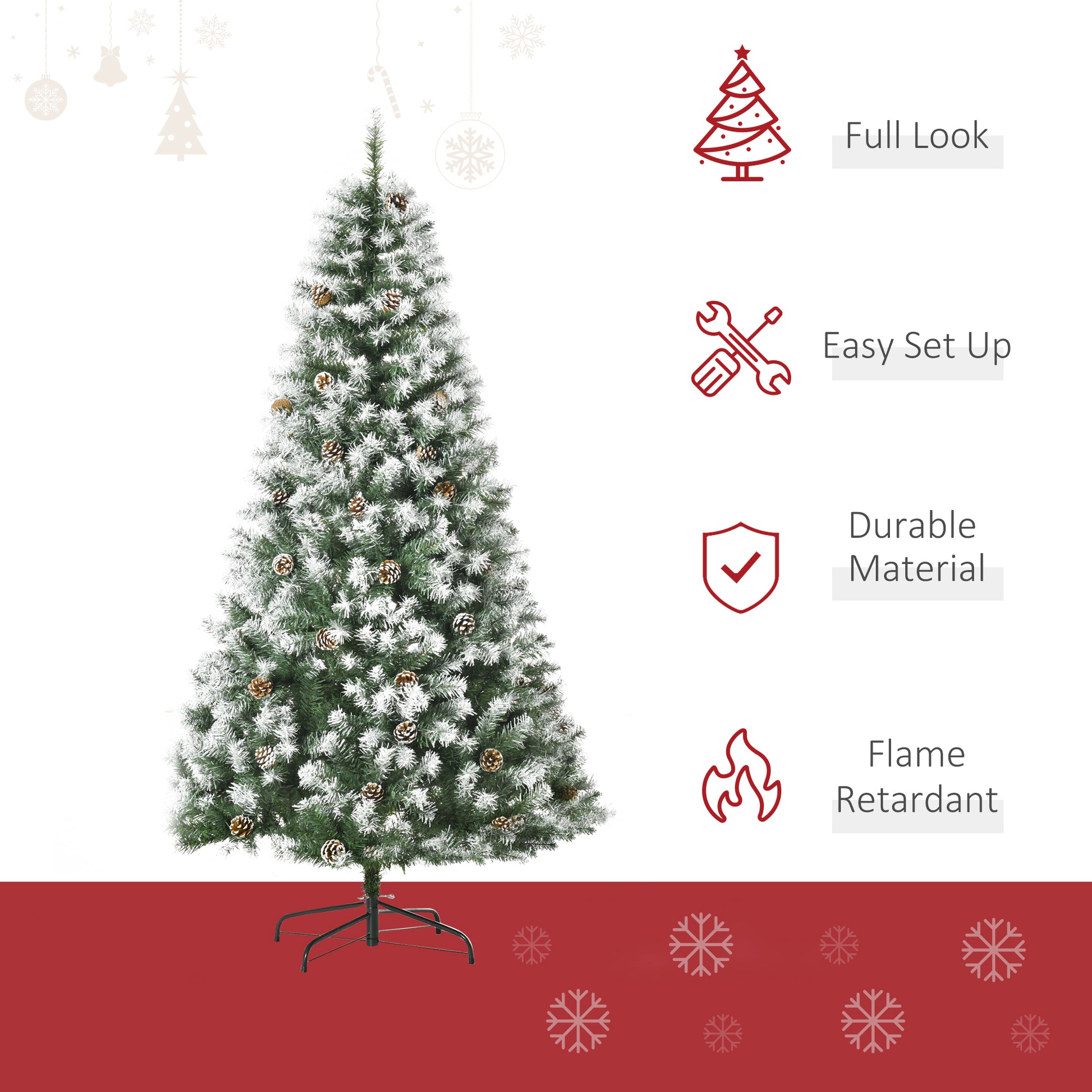 HOMCOM 6FT Snow-Flecked Artificial Christmas Tree with Pine Cones - Automatic Open Holiday Decoration in Green - ALL4U RETAILER LTD