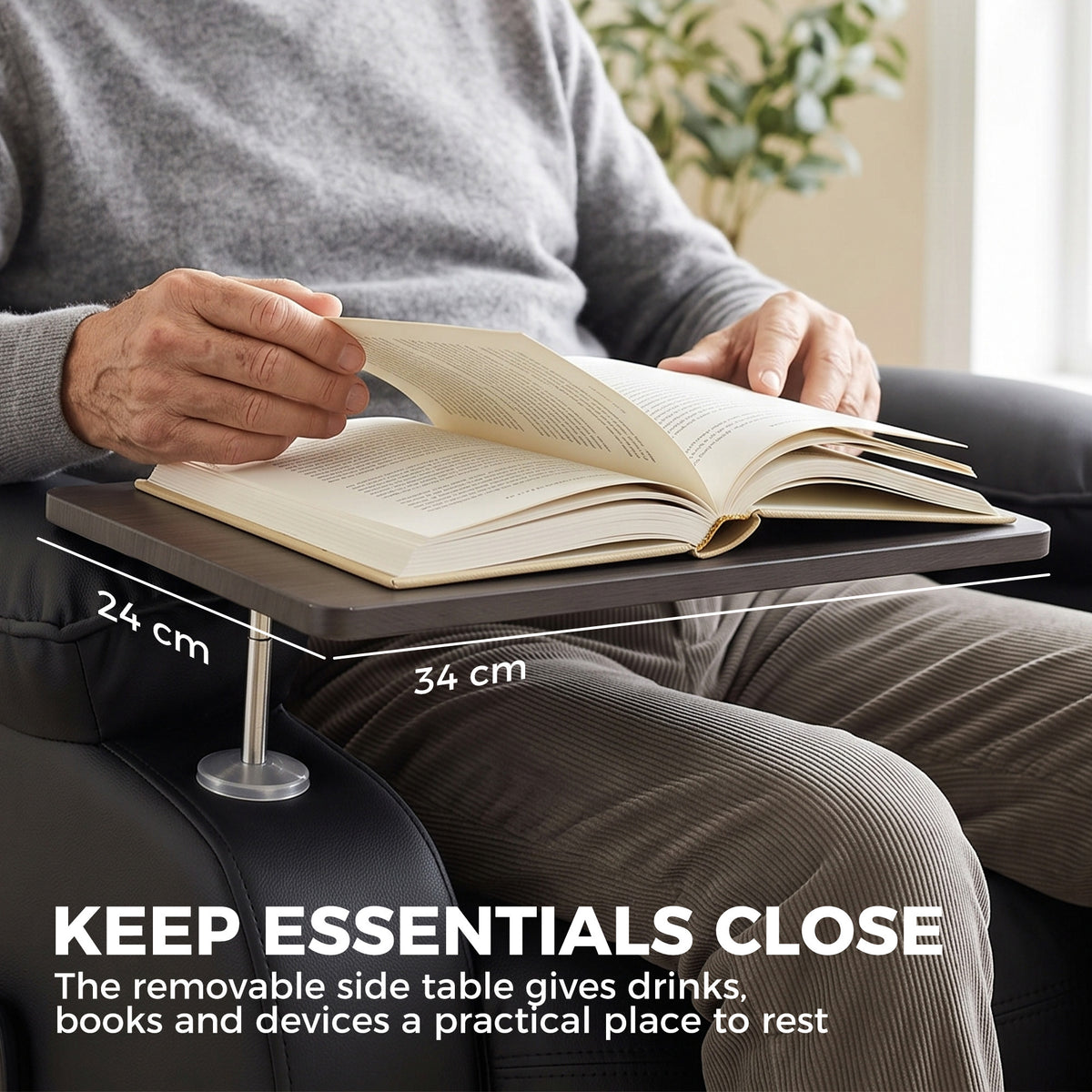 Electric lift recliner side table with book resting on the tabletop