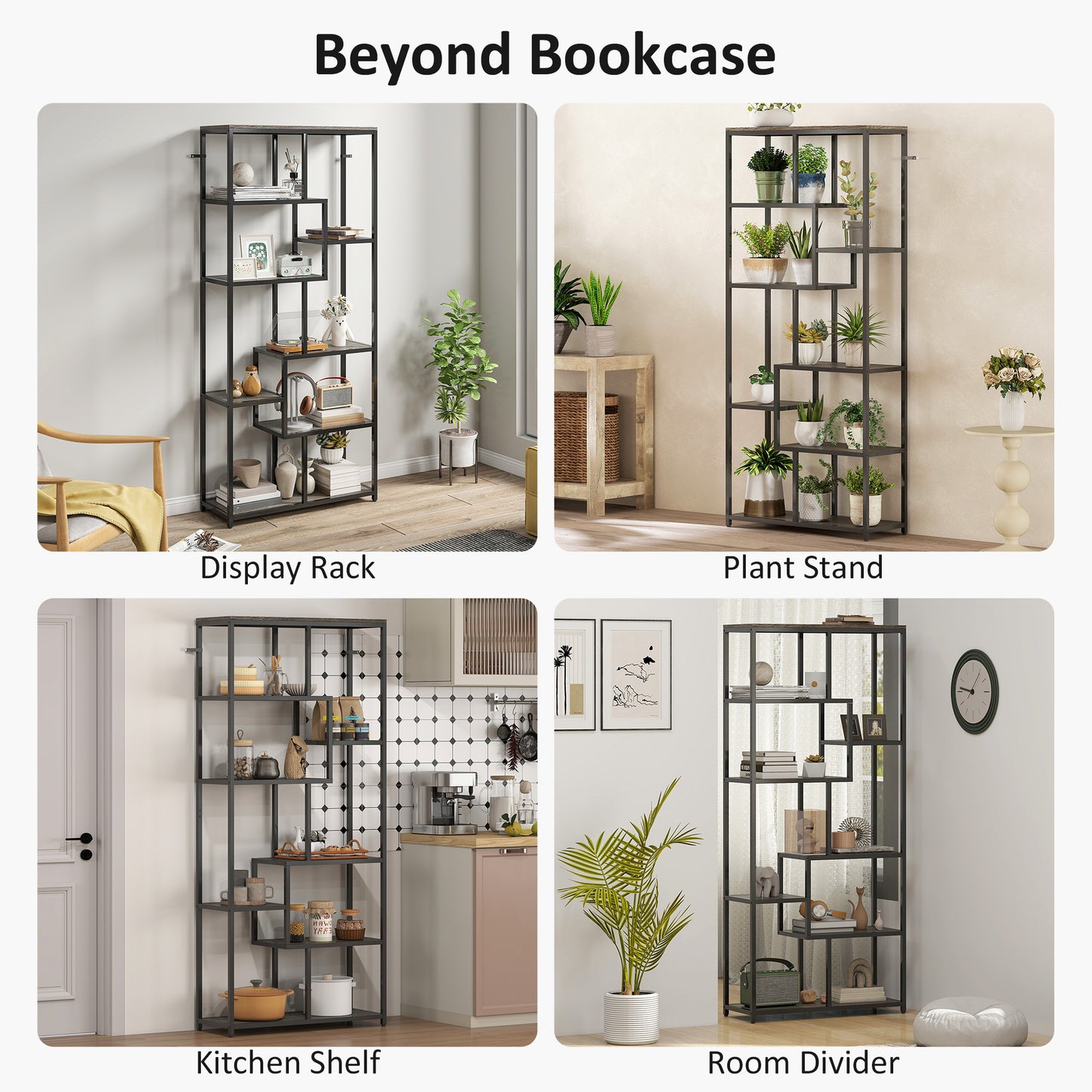 HOMCOM Seven Tier Geometric Bookcase Grey Black Metal Frame Bookshelf for Modern Home Decor