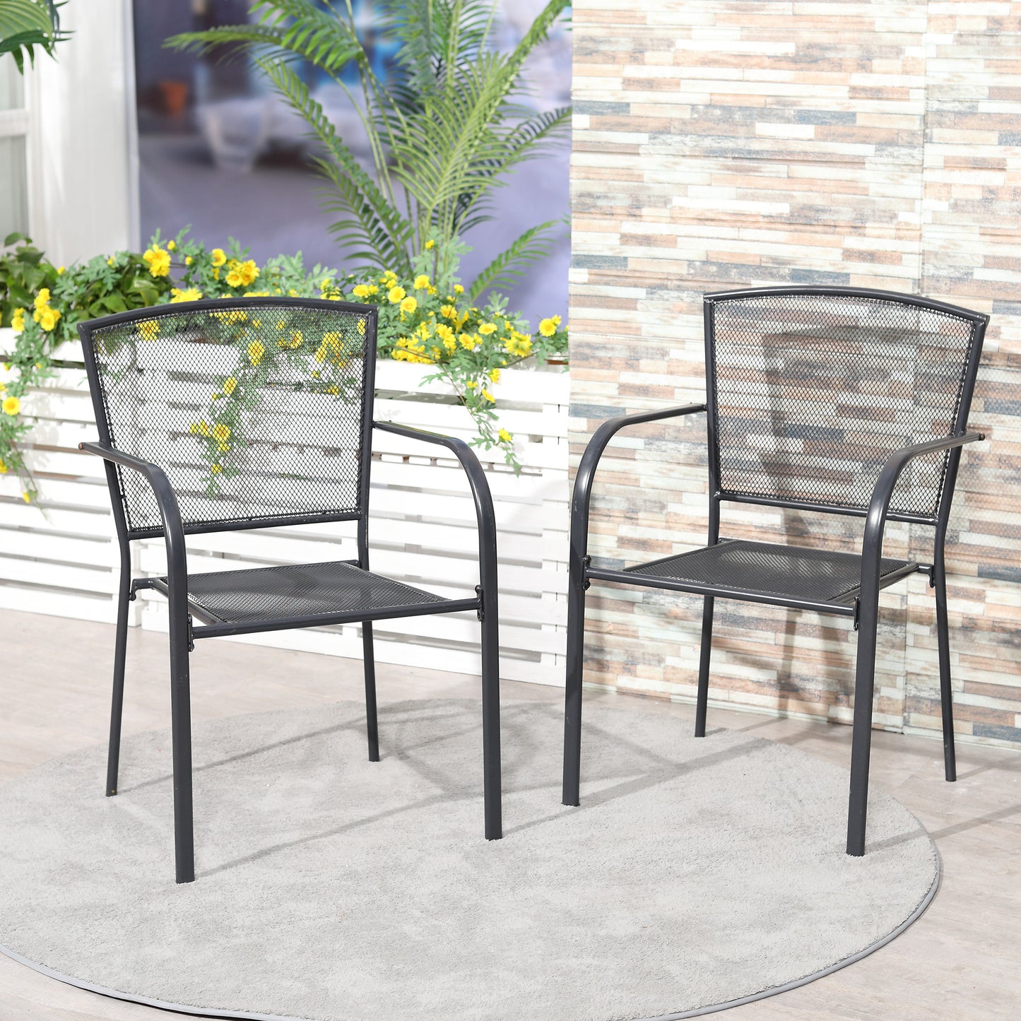 Outsunny Set of 2 Outdoor Metal Dining Chairs - Grey Garden Furniture for Patio and Lawn - ALL4U RETAILER LTD