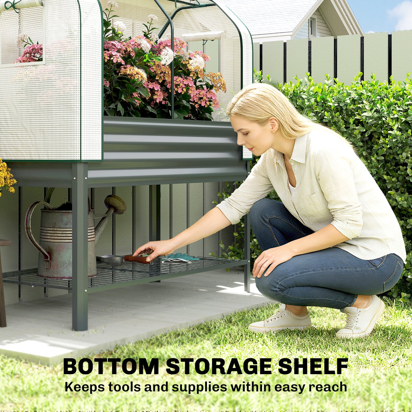 Outsunny Galvanised Raised Planter With Greenhouse Cover On Legs Metal Garden Bed With Bed Liner And Bottom Shelf