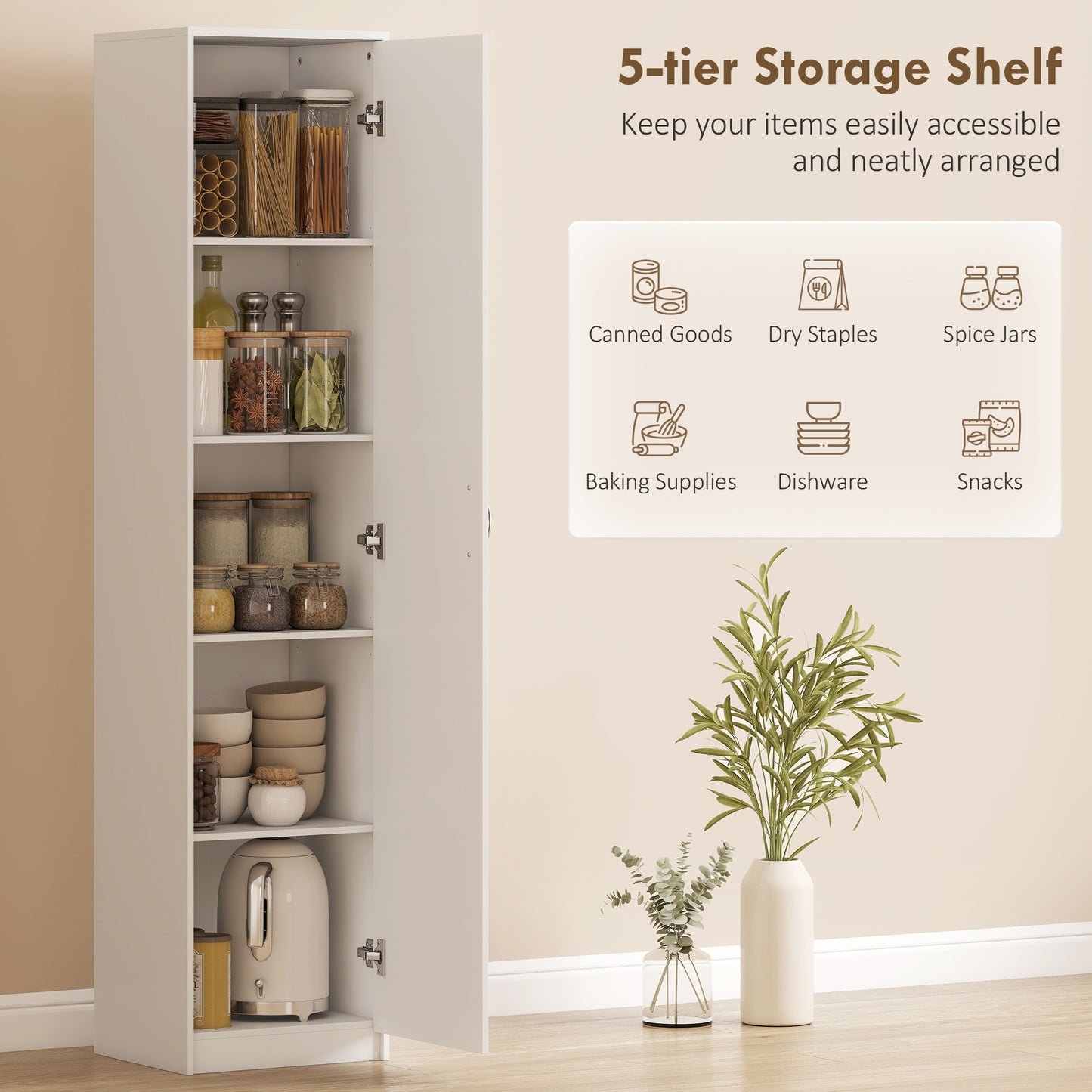 HOMCOM 180cm Tall Kitchen Cupboard Freestanding 5 Tier Pantry Storage Cabinet With Adjustable Shelves White