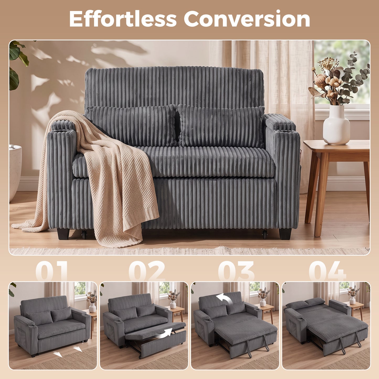 HOMCOM 2 Seater Sofa Bed Pull Out Sleeper With Adjustable Backrest And Storage