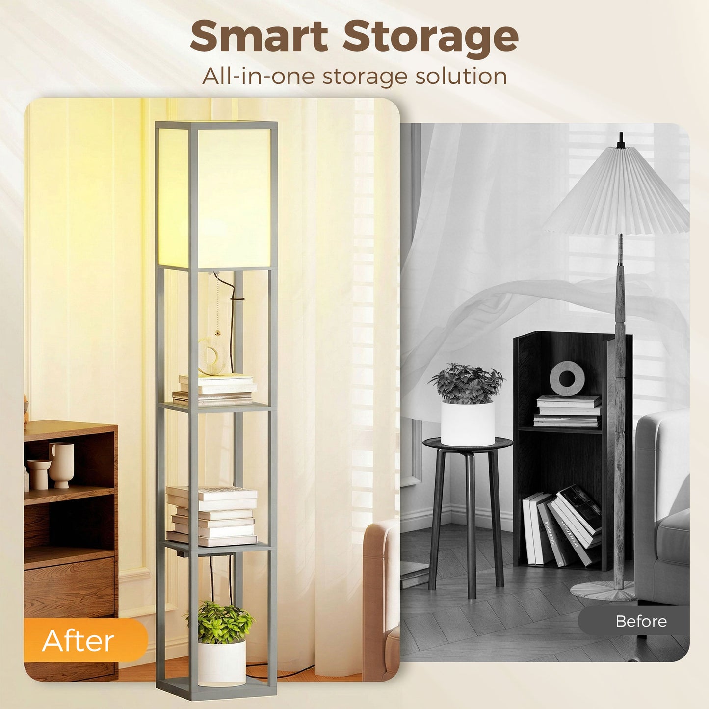 HOMCOM Floor Lamp With Shelves Three Tier Column Modern Standing Lamp For Living Room Bedroom Office Grey