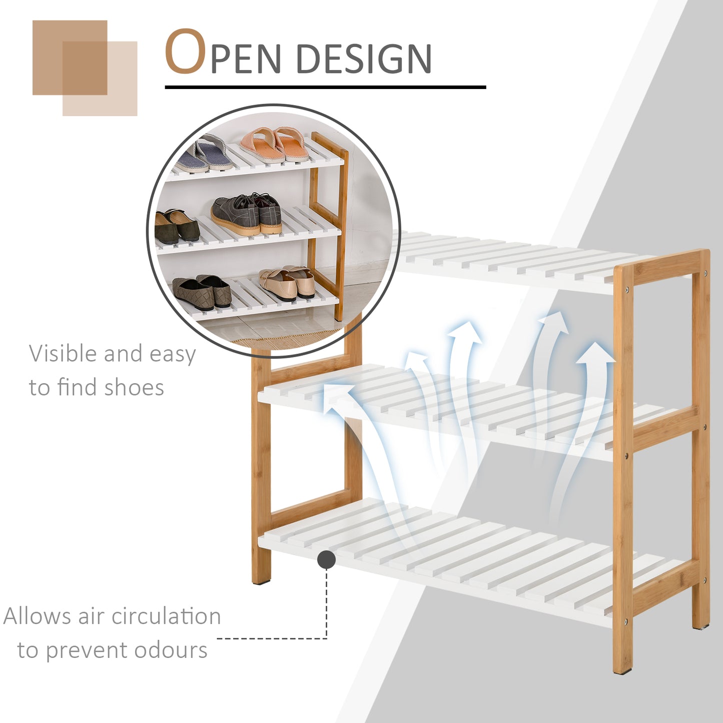 HOMCOM Stylish 3-Tier Wooden Shoe Rack with Slatted Shelves - Natural Finish for Home Organization - ALL4U RETAILER LTD