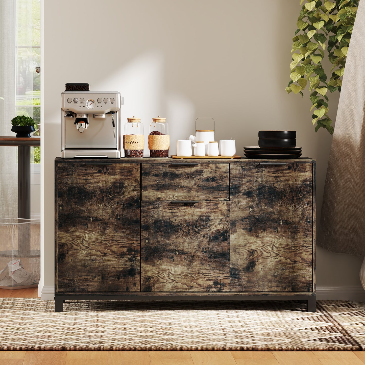 HOMCOM Industrial Sideboard Storage Cabinet With Doors Drawers Cupboard Adjustable Shelves Living Room Rustic Brown