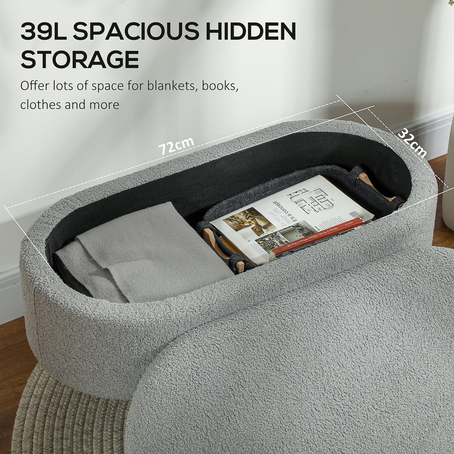 HOMCOM Teddy Fleece Storage Ottoman Grey With Inner Storage Space 72 x 32 cm Padded Seat And Pine Wood Legs