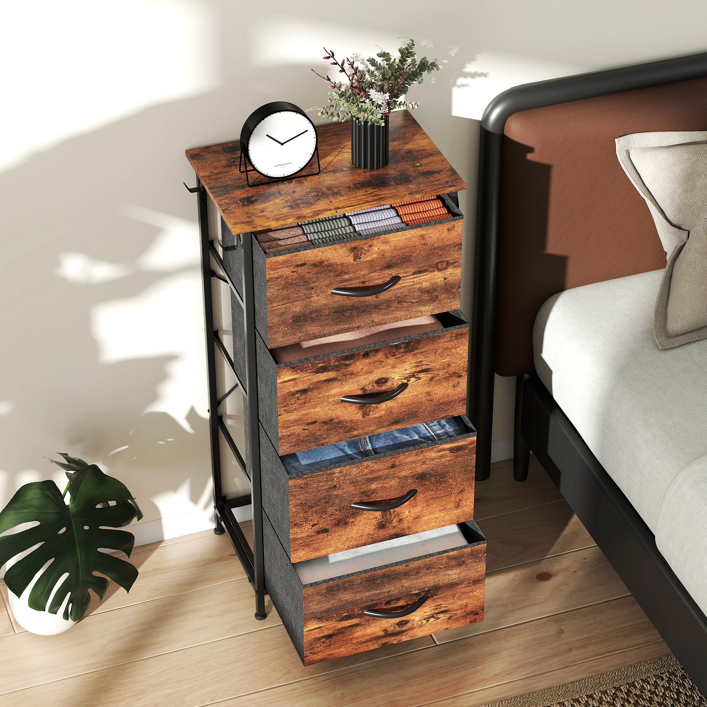 HOMCOM Chest Of Four Fabric Drawers With Steel Frame And X Shaped Support Bars For Bedroom Storage Rustic Brown