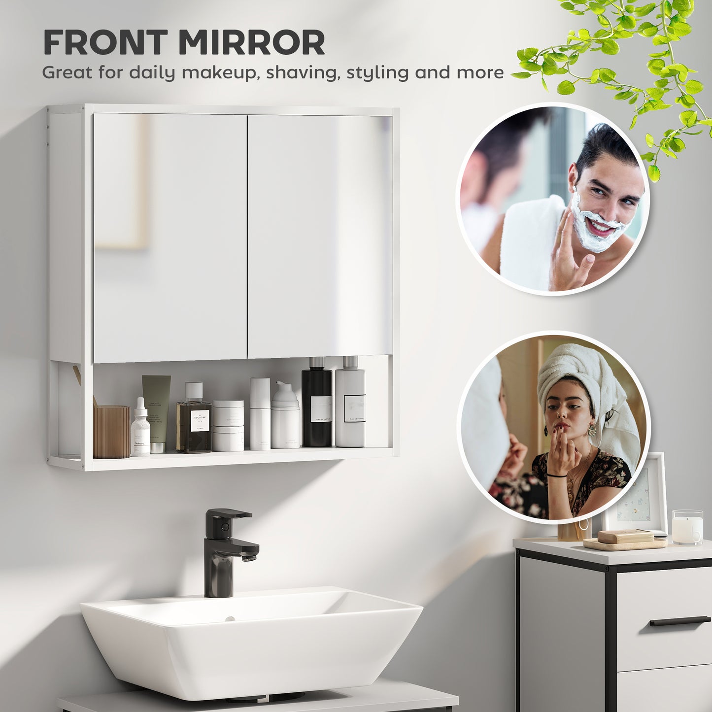HOMCOM White Bathroom Mirror Cabinet With Soft Close Doors And Adjustable Shelf Storage