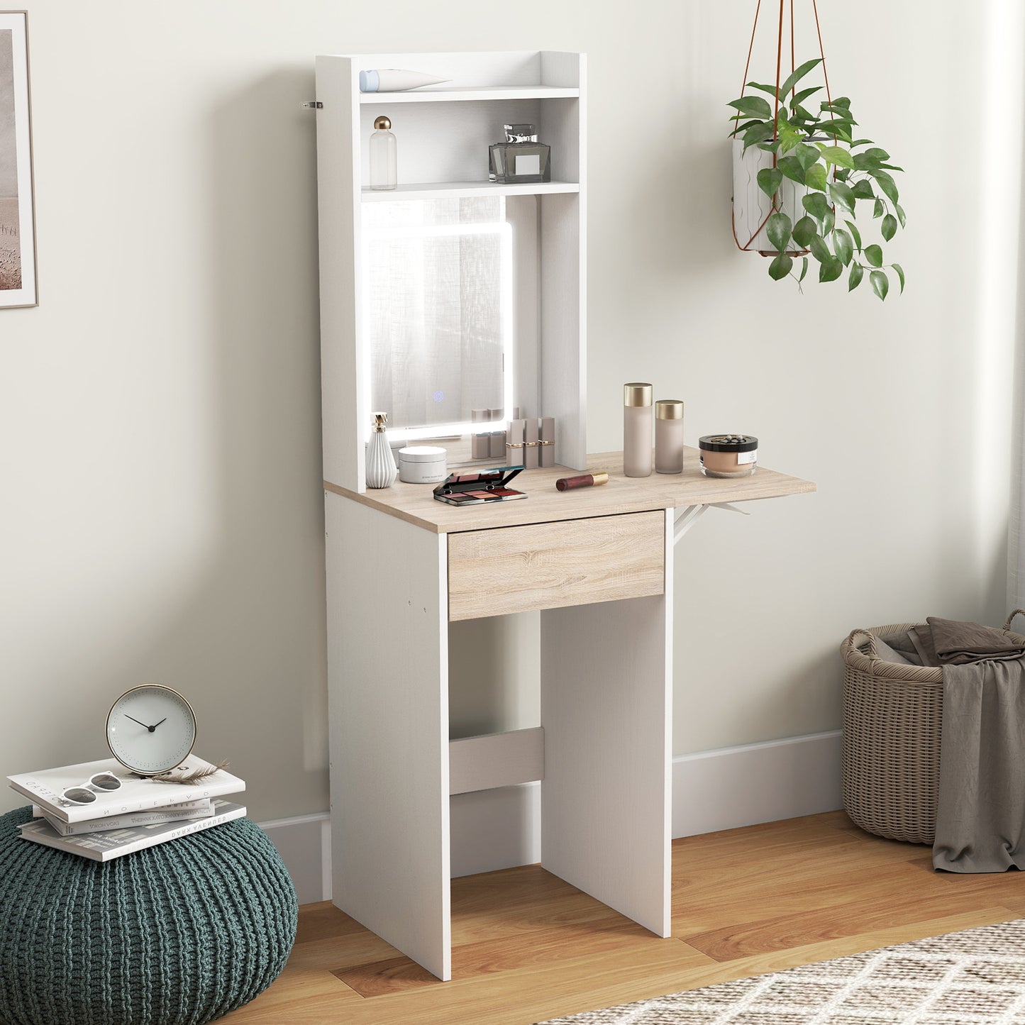 Women's Homcom Small Vanity Desk With Mirror And Led Lights, Compact Dressing Table With Drop Leaf, Open Shelves And Drawer, White