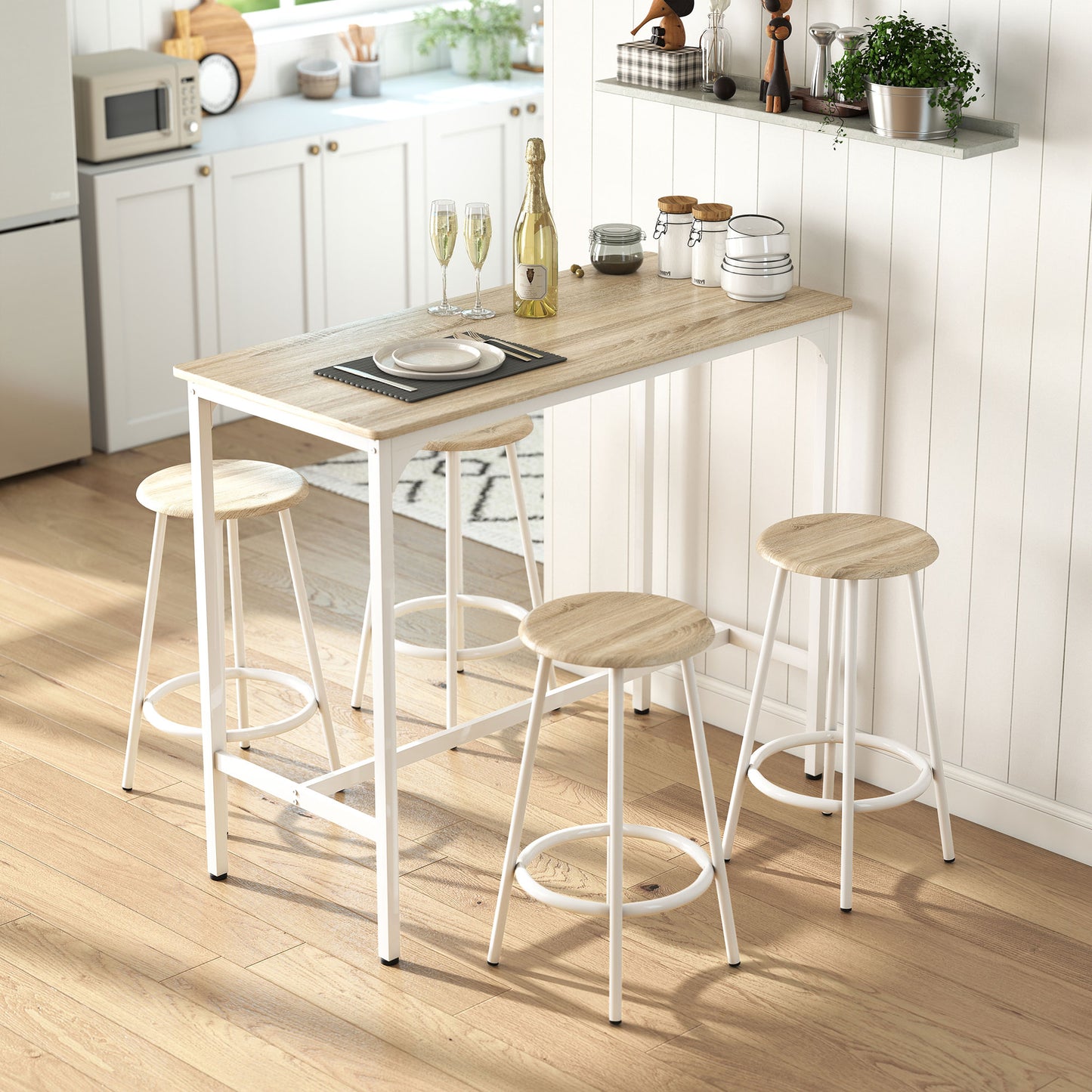 HOMCOM Five Piece Bar Table Set For Four With Stools Metal Frame Footrest Natural Wood