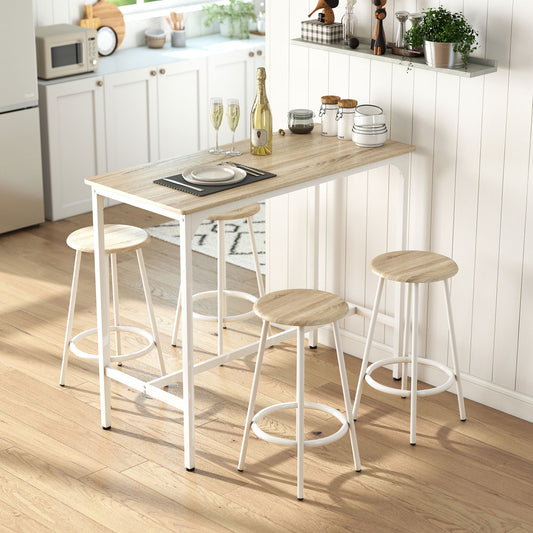 HOMCOM Five Piece Bar Table Set For Four With Stools Metal Frame Footrest Natural Wood