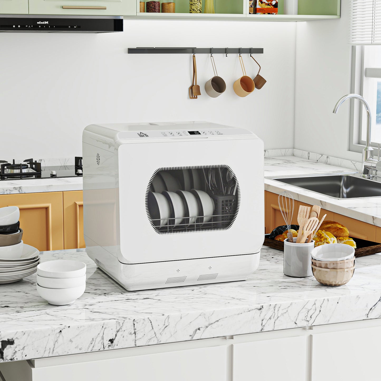 HOMCOM Tabletop Dishwasher Built In 6L Water Tank 6 Programs 4 Place Settings White