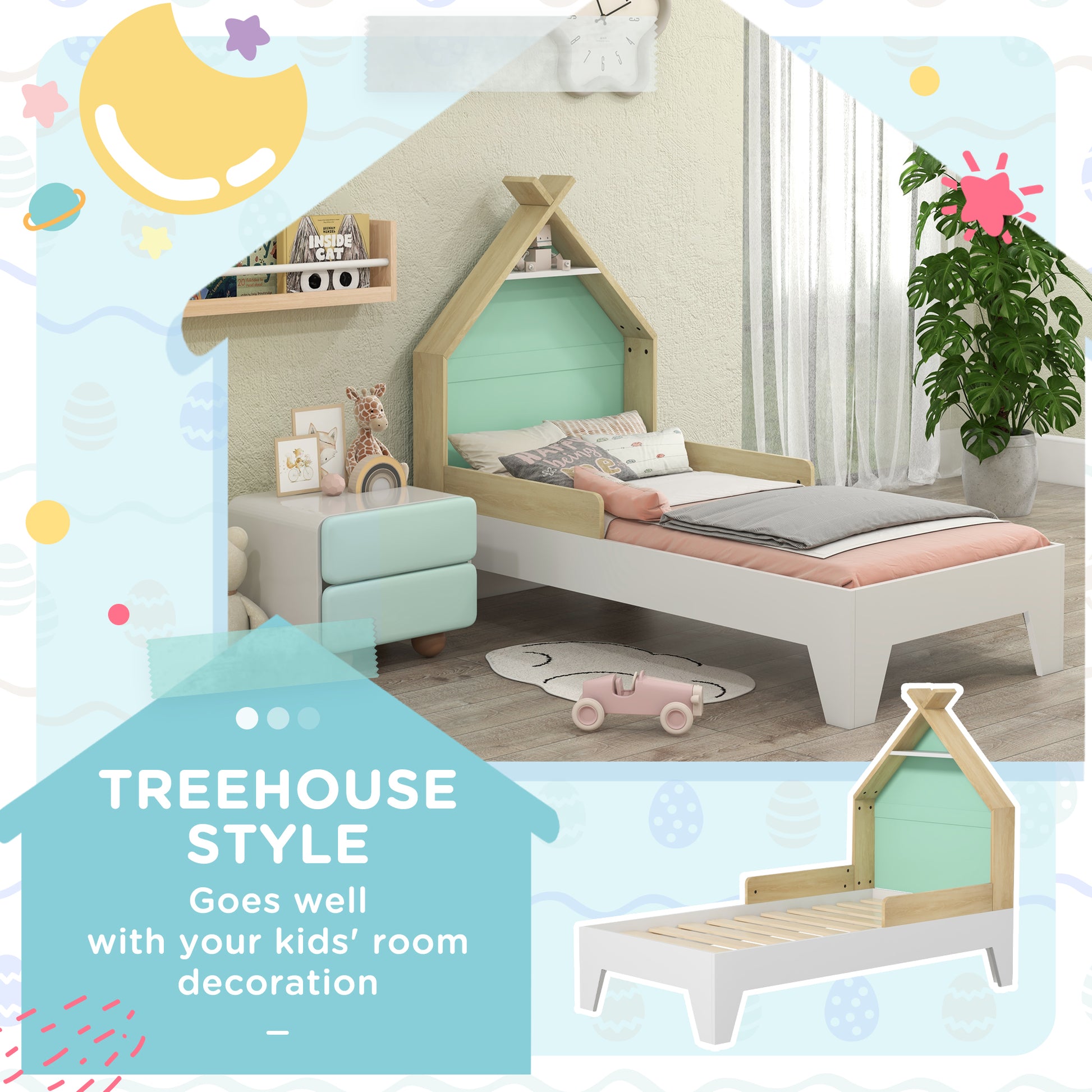 AIYAPLAY Treehouse-Themed Toddler Bed Frame with Safety Guardrails – Kids Single Bed, 144L x 74W x 110H cm - ALL4U RETAILER LTD