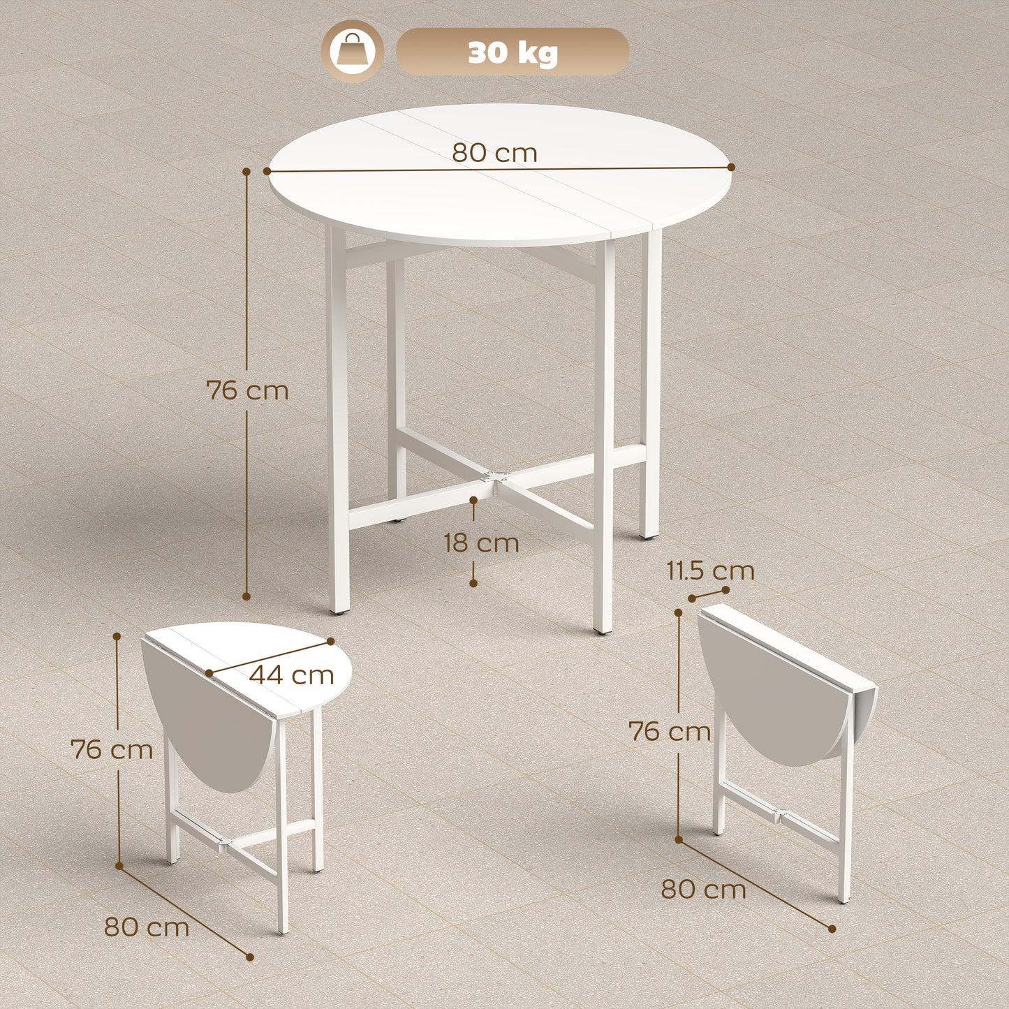 HOMCOM Collapsible Drop Leaf Table Folding Dining Table For Small Spaces Extendable Kitchen Table With Steel Frame White