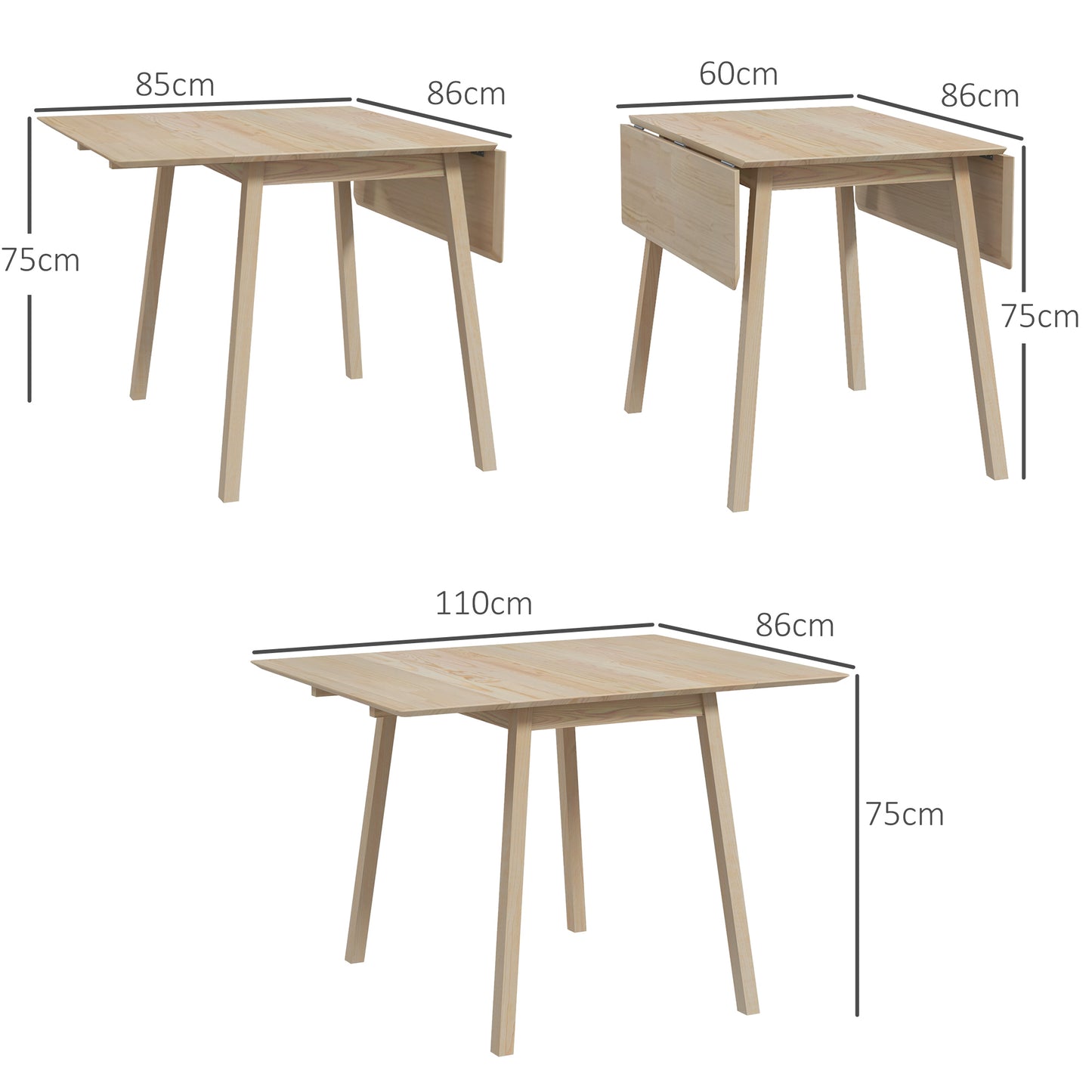 HOMCOM Compact Extendable Drop Leaf Dining Table for Small Spaces, Natural Pine Wood Finish, Seats 2-4 - ALL4U RETAILER LTD