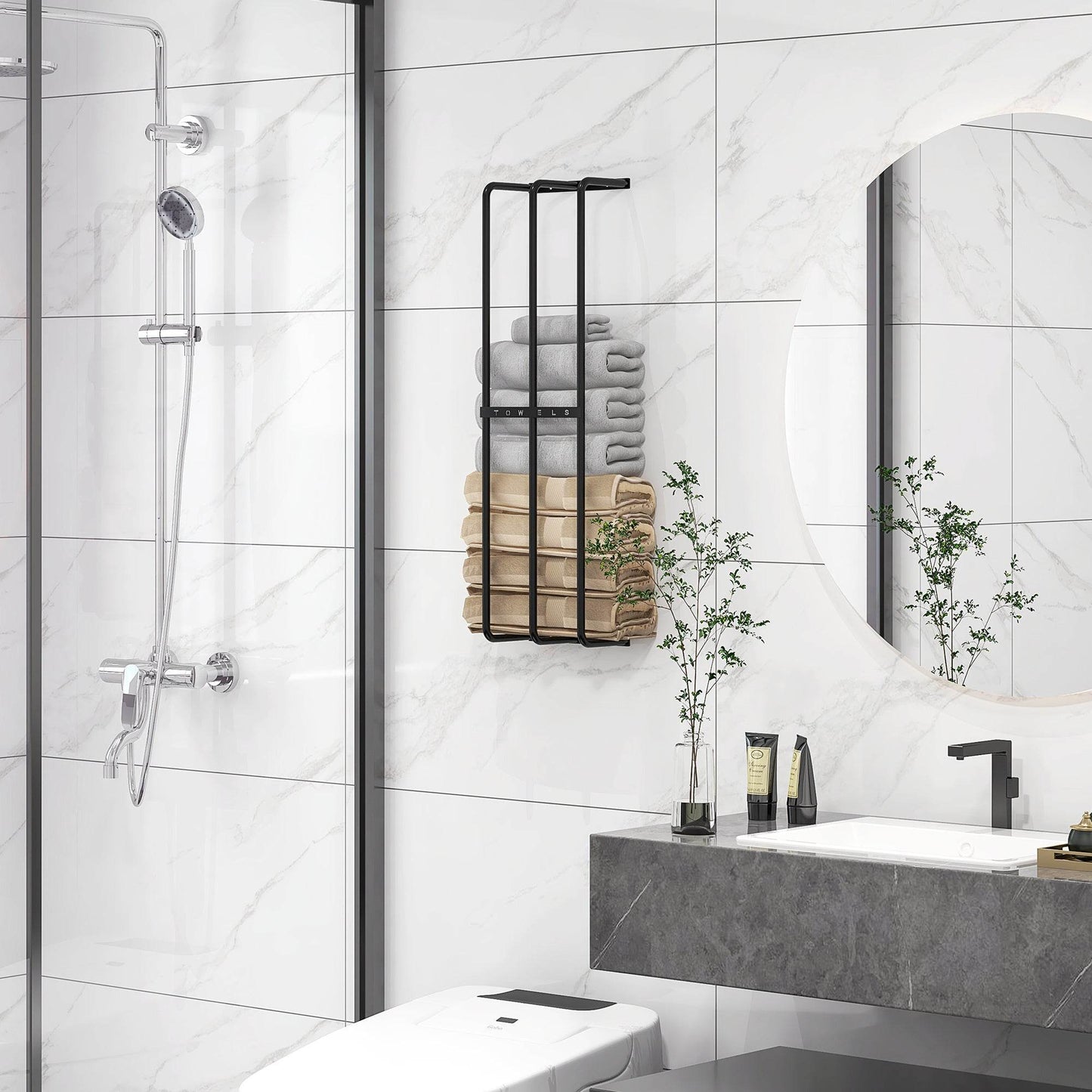 HOMCOM Wall-Mounted Metal Towel Rack - Holds Up to 6 Large Towels, Space-Saving Design in Black - ALL4U RETAILER LTD