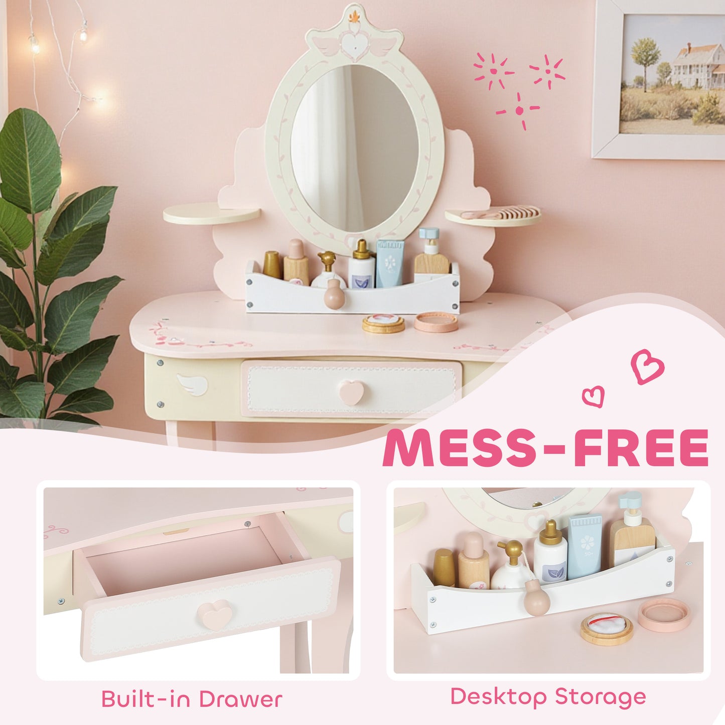 AIYAPLAY Kids Dressing Table Vanity Set With Mirror And Stool Pink Girls Desk With 7 Accessories And Storage
