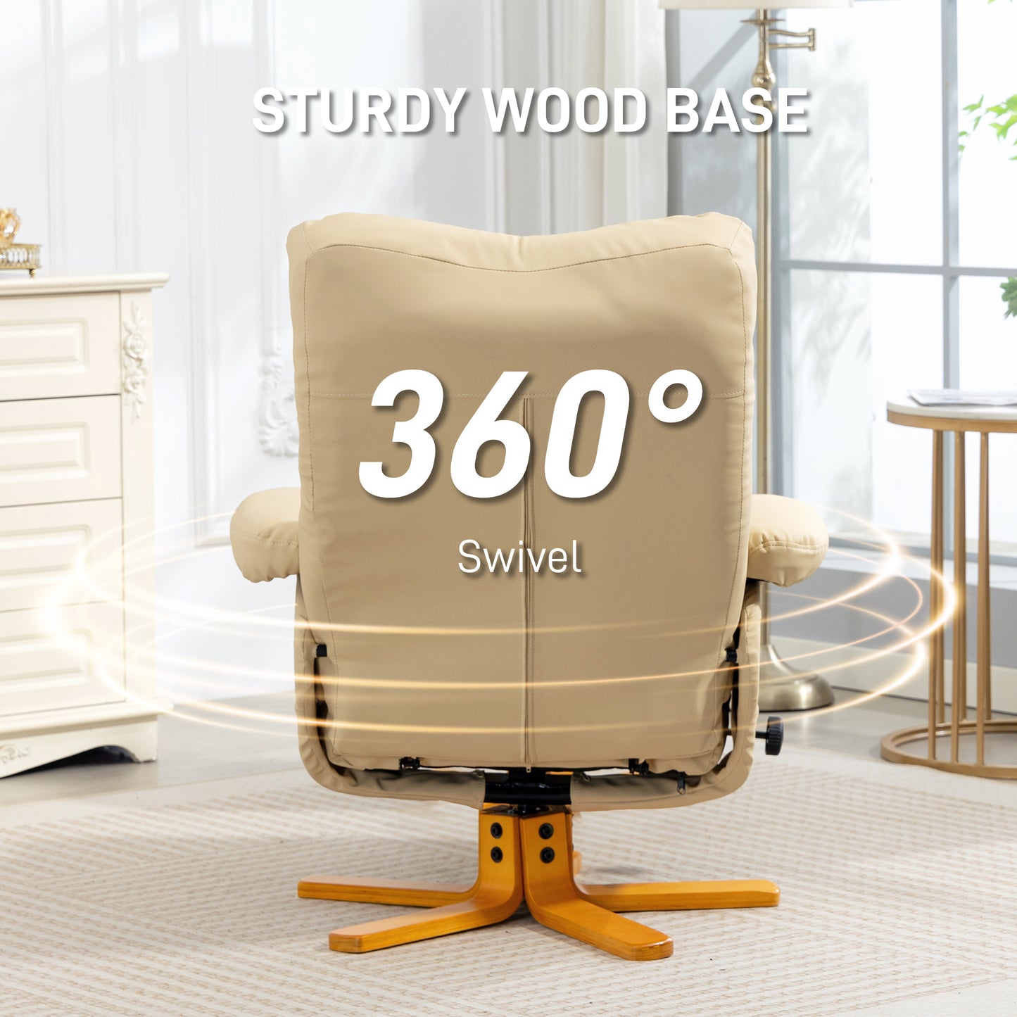 HOMCOM PU Leather Swivel Recliner Chair In Beige With Wooden Base Footstool And Hidden Storage
