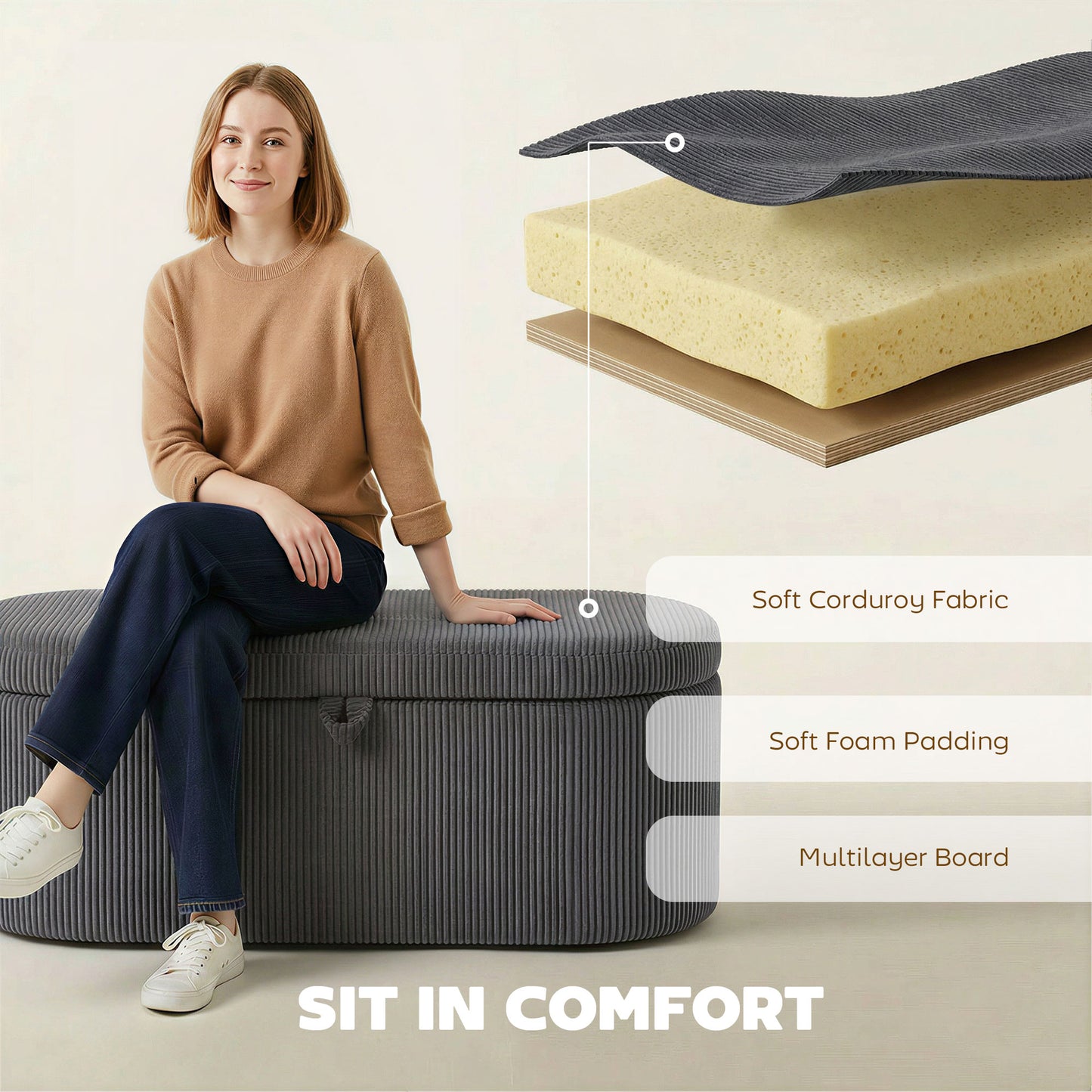 HOMCOM Storage Ottoman Corduroy Upholstered Storage Box With Padded Seat Dark Grey