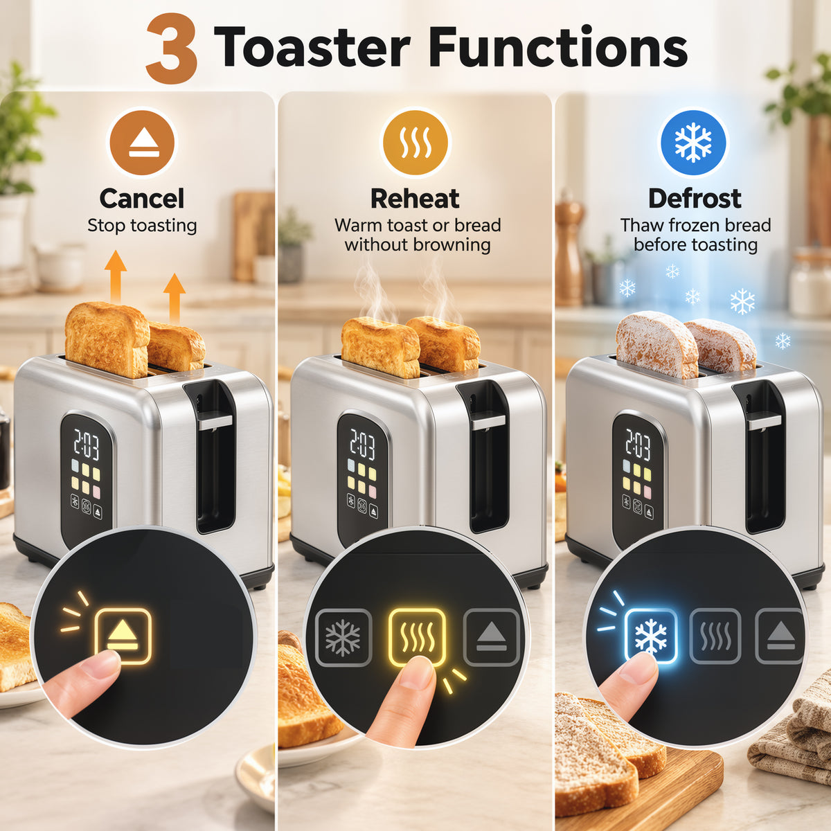 Stainless steel toaster with LED control panel showing cancel, reheat, and defrost modes